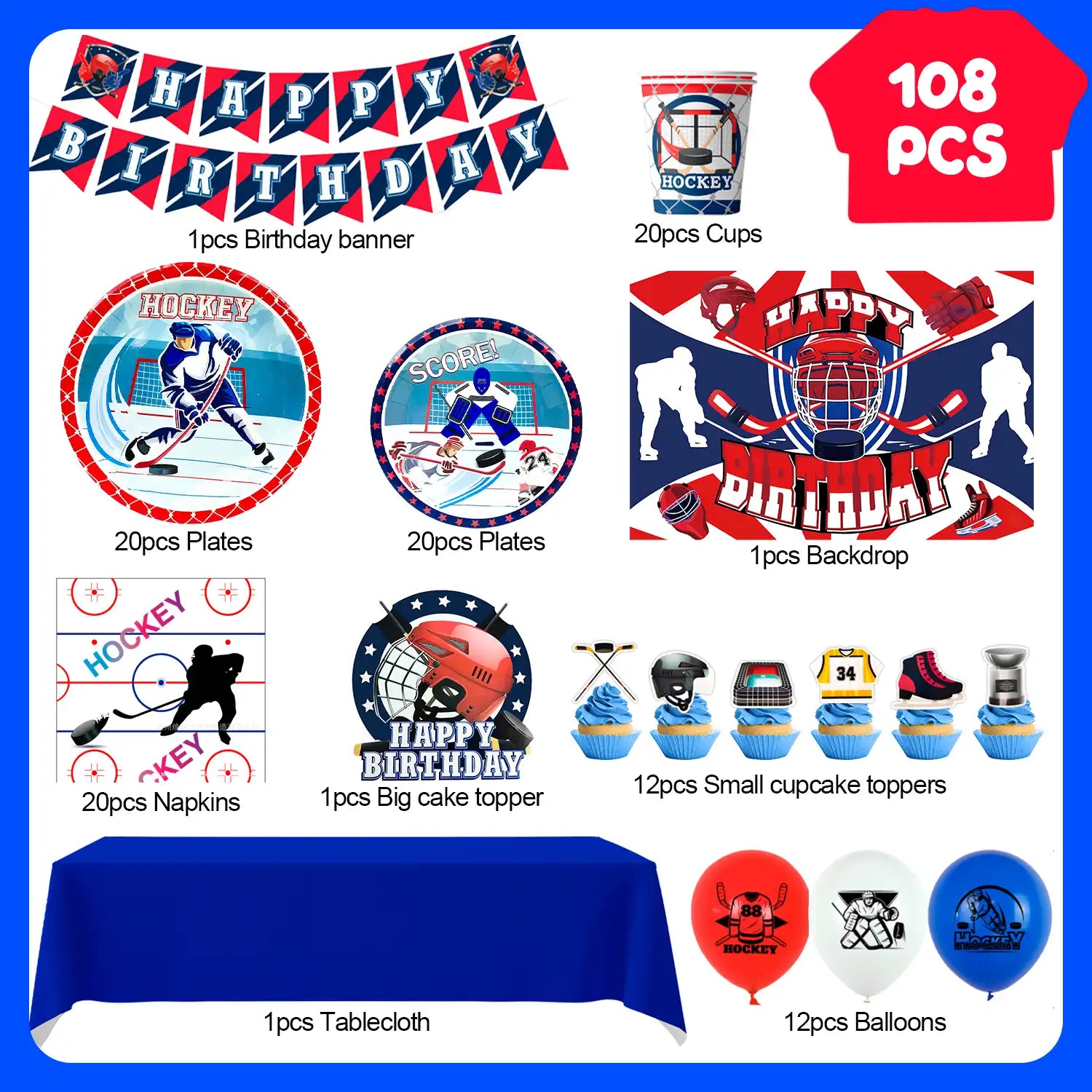 Hockey Birthday Decorations, 108 Pcs Hockey Party Decorations & Hockey Tableware Set - Hockey Party Balloons Banner Backdrop & Hockey Plates Napkins Tablecloth etc Ice Hockey Birthday Party Supplies