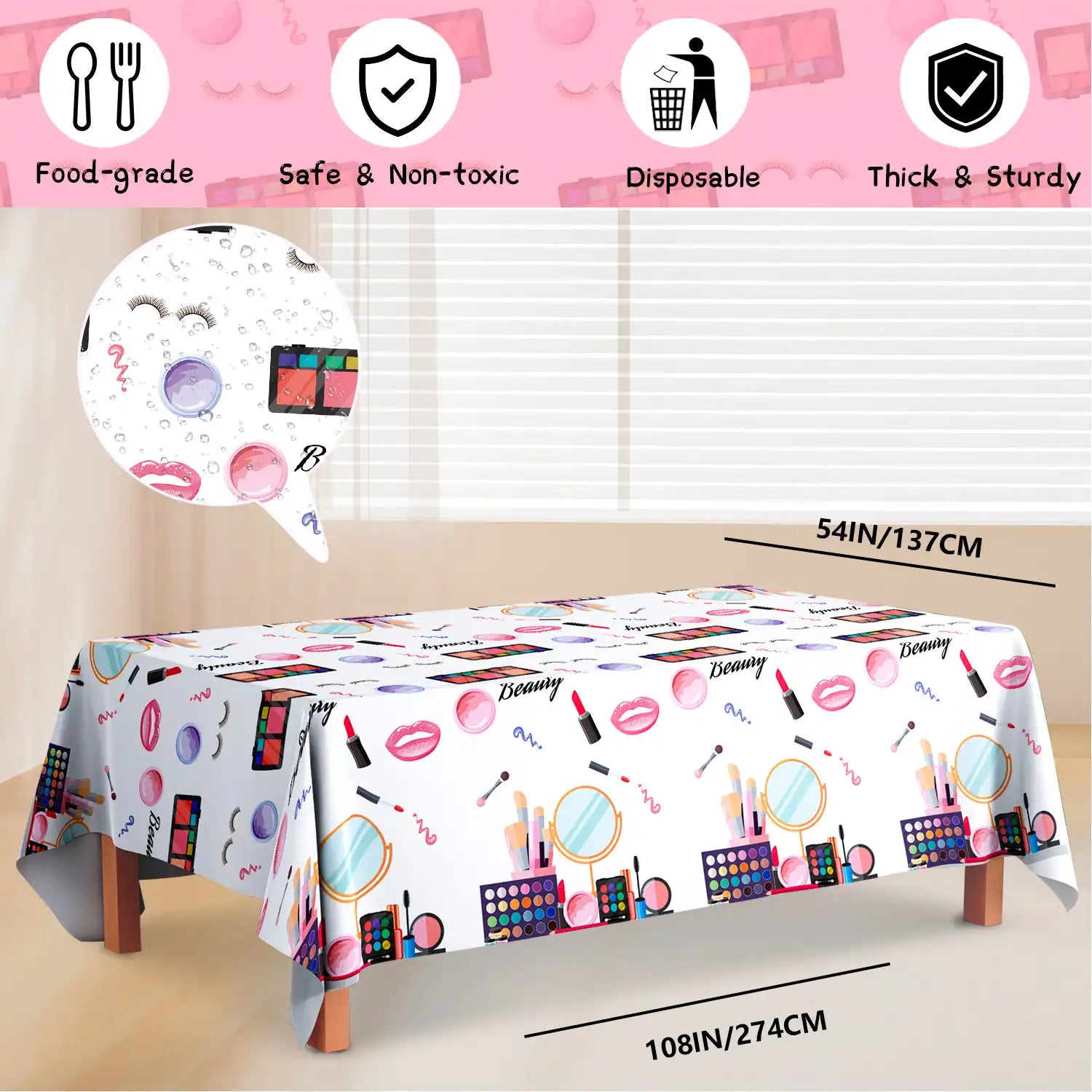 Makeup Party Tablecloth, 3 Pcs Makeup Theme Tablecloth Spa Party Table Cover for Spa Birthday Party Decorations, Spa Birthday Party Tablecloth for Makeup Spa Party Decorations Supplies (108'' x 54'')