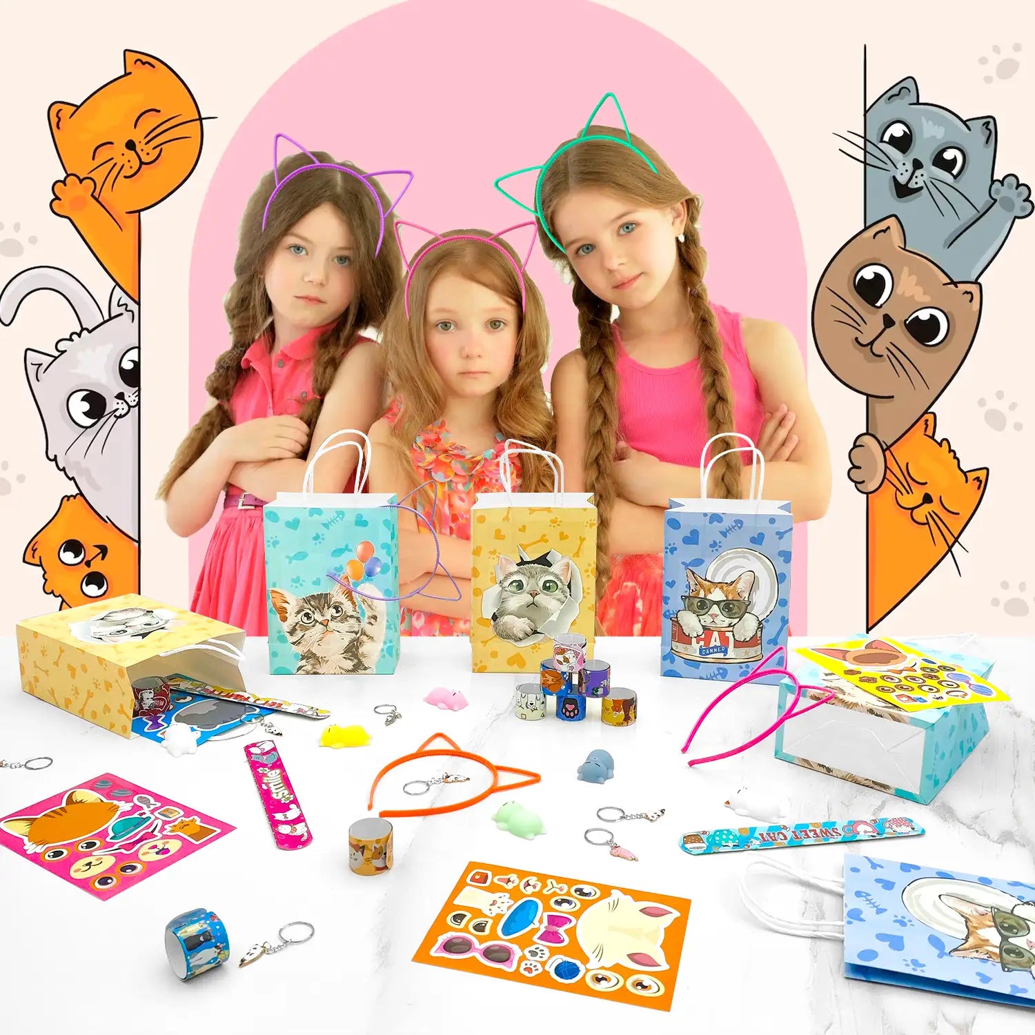 Cat Party Favors, 72pcs Kitty Party Favors Set Including Cat Goodie Bags Ears Headband Stickers Keychains Slap Bracelets etc Cat Themed Party Favors for Cat Birthday Party Decorations Supplies