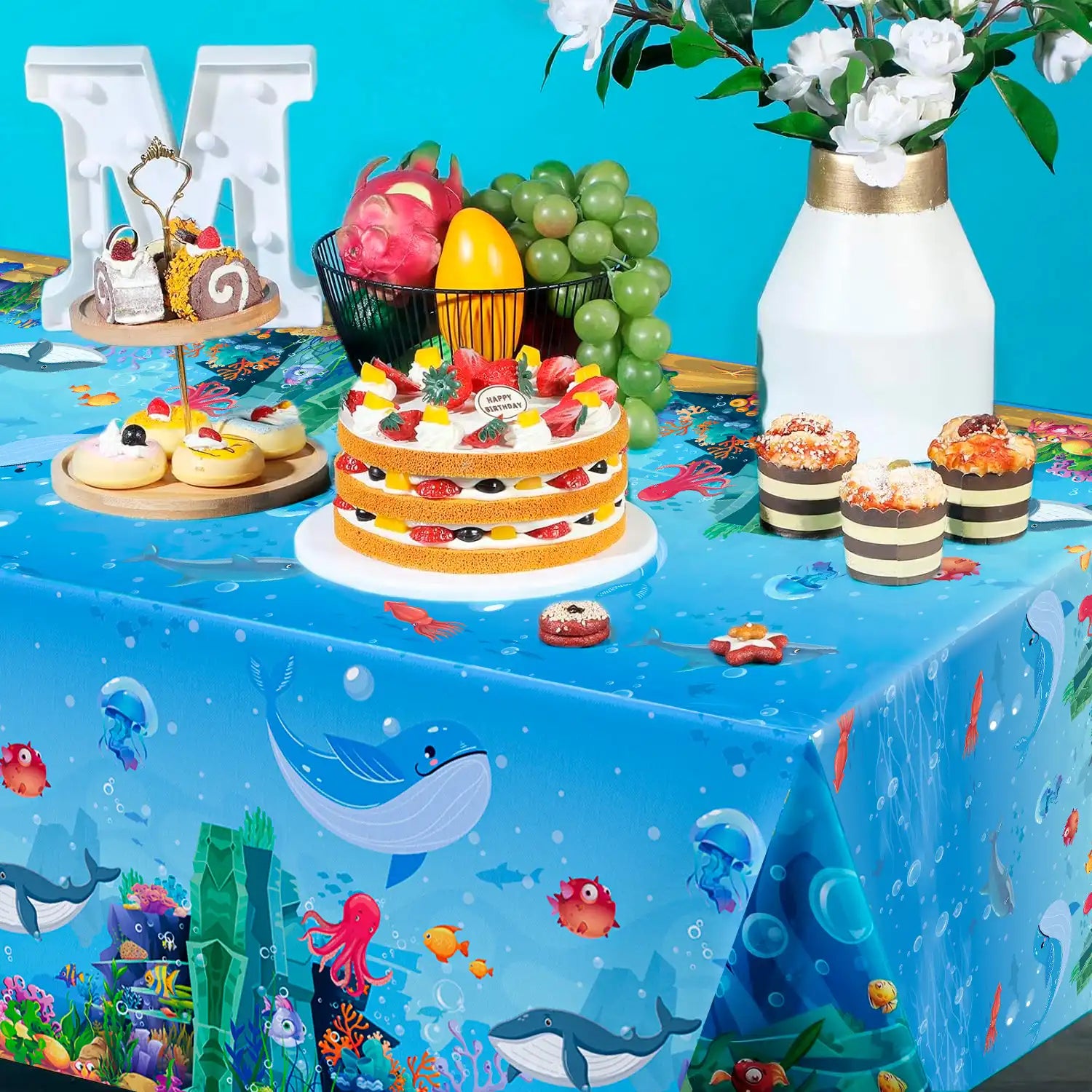 Under The Sea Tablecloth, 3 Pcs Sea Animal Table Cloth Set - Underwater Creatures Tablecloth, Under The Sea Party Tablecloth & Ocean Table Cloth, for Under The Sea Party Decorations Supplies
