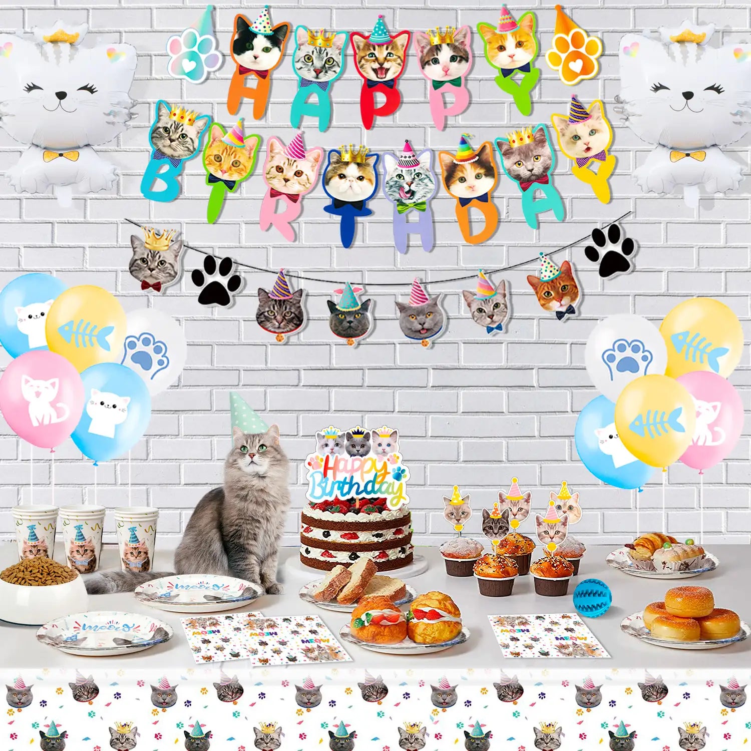 Cat Birthday Party Supplies, 16 Guests Cat Birthday Decorations & Cat Theme Tableware Set-Cat Party Plates Napkins Tablecloth&Cat Birthday Banner Balloons etc Cat Themed Birthday Party Supplies for Girls