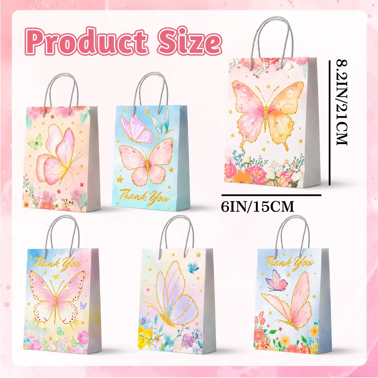 Butterfly Party Favor Bags with Handles, 24pcs Butterfly Goodie Bags for Birthday Party/Butterfly Gift Bags/Butterfly Candy Bags/Butterfly Treat Bags, Butterfly Paper Bags for Butterfly Decorations