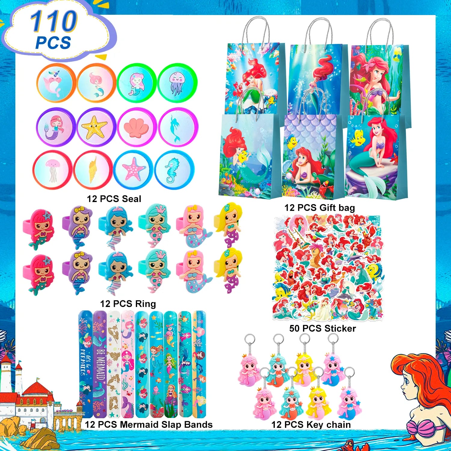 Mermaid Kids Party Favors, 110 Pieces Mermaid Birthday Party Favor Set - Mermaid Gift Bags Keychain Stickers Gift Bags and Other Mermaid Themed Party Supplies for Mermaid Birthday Decorations