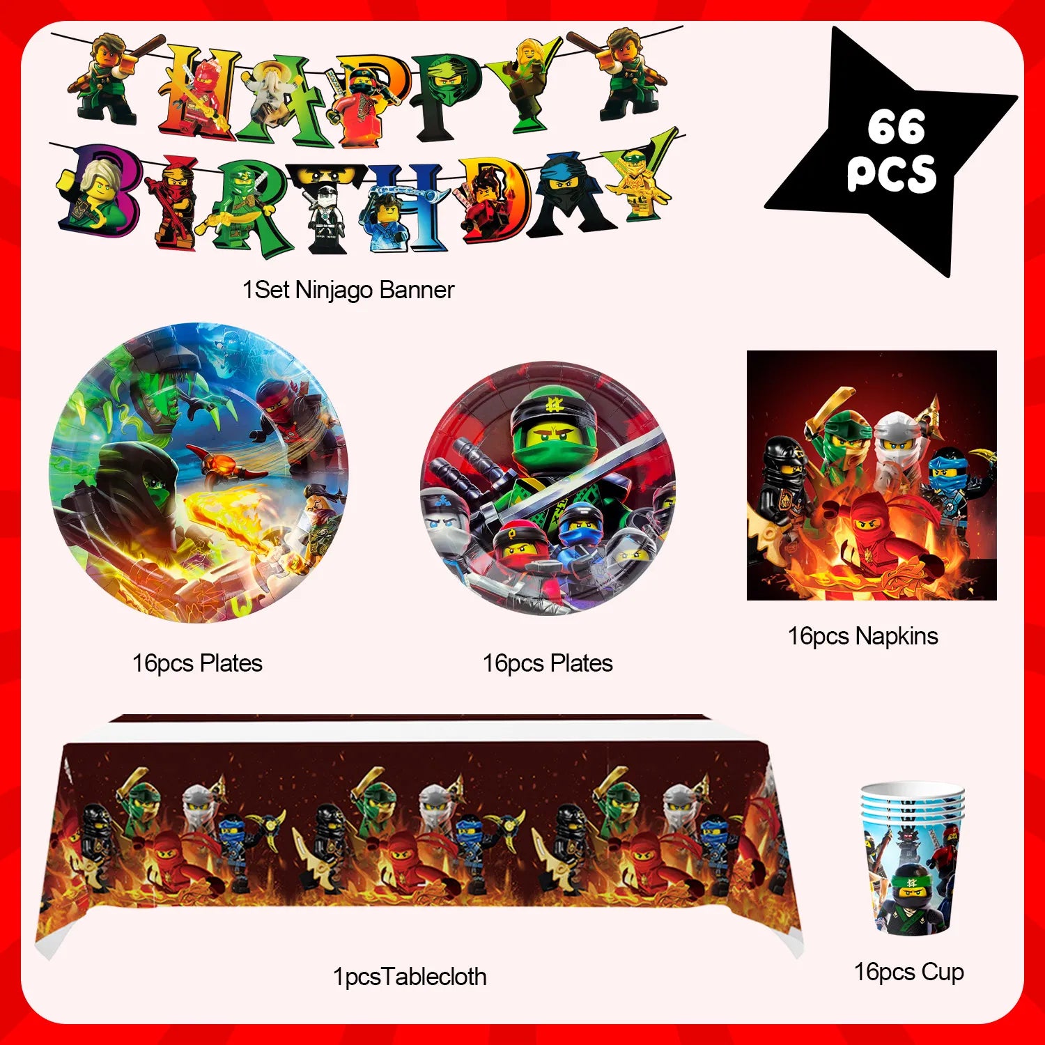 Ninja Birthday Party Decoration Tableware Set, 16-Person Ninja Party Supplies Tableware - Ninja Table Cloth Banner Plates Napkins Cups etc for Ninja Birthday Party Decorations Serves 16