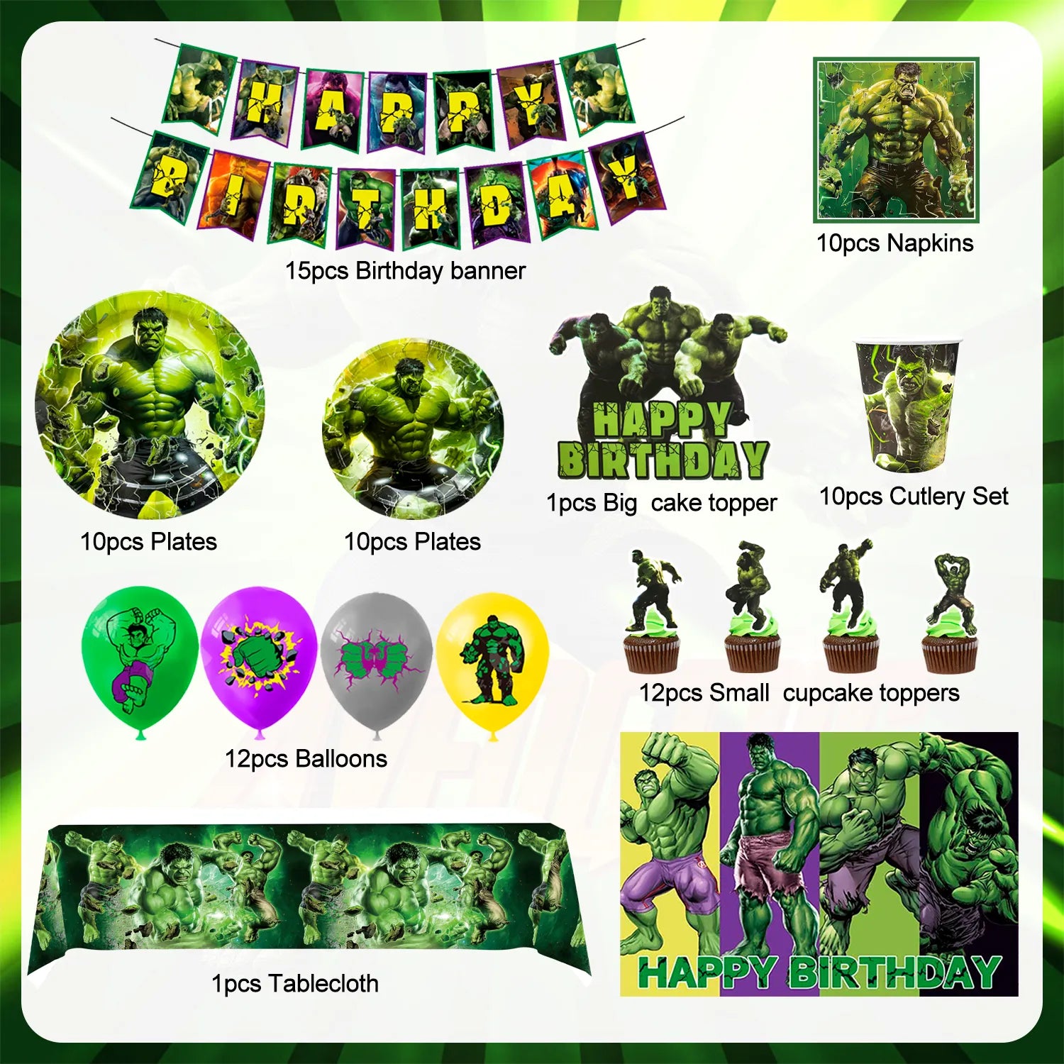 Hulk Birthday Party Supplies, 82pcs Hulk Party Decorations & Tableware Set Including Hulk Cake Topper Balloons Backdrop Plates Cups etc Hulk Themed Birthday Party Decorations Supplies for Boys/Girls
