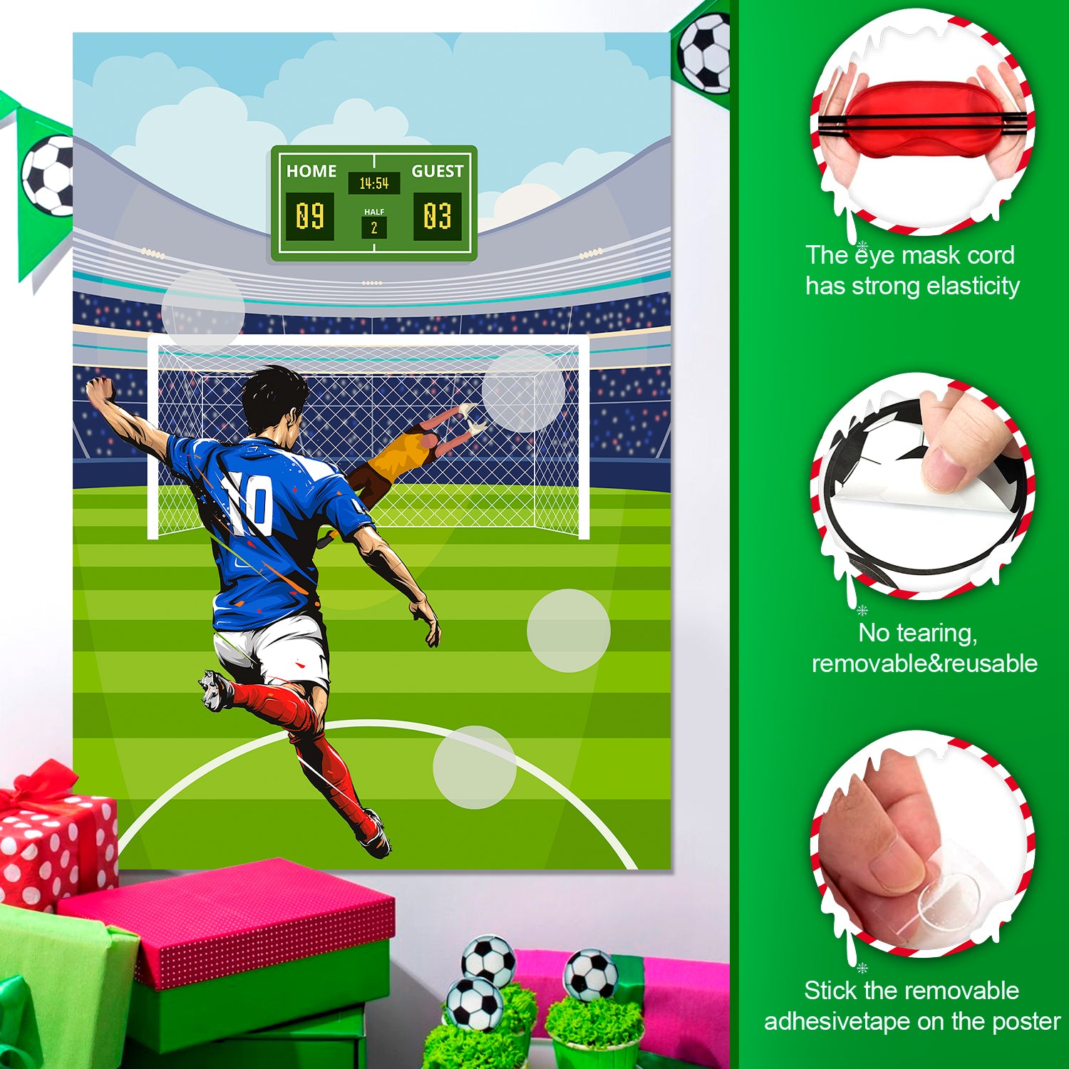 Pin The Soccer on The Goal Kids Party Games, 7 Pcs Soccer Birthday Party Games Supplies - Soccer Party Games Poster, Soccer Game Stickers & Soccer Decorations Blindfold etc Soccer Party Decorations