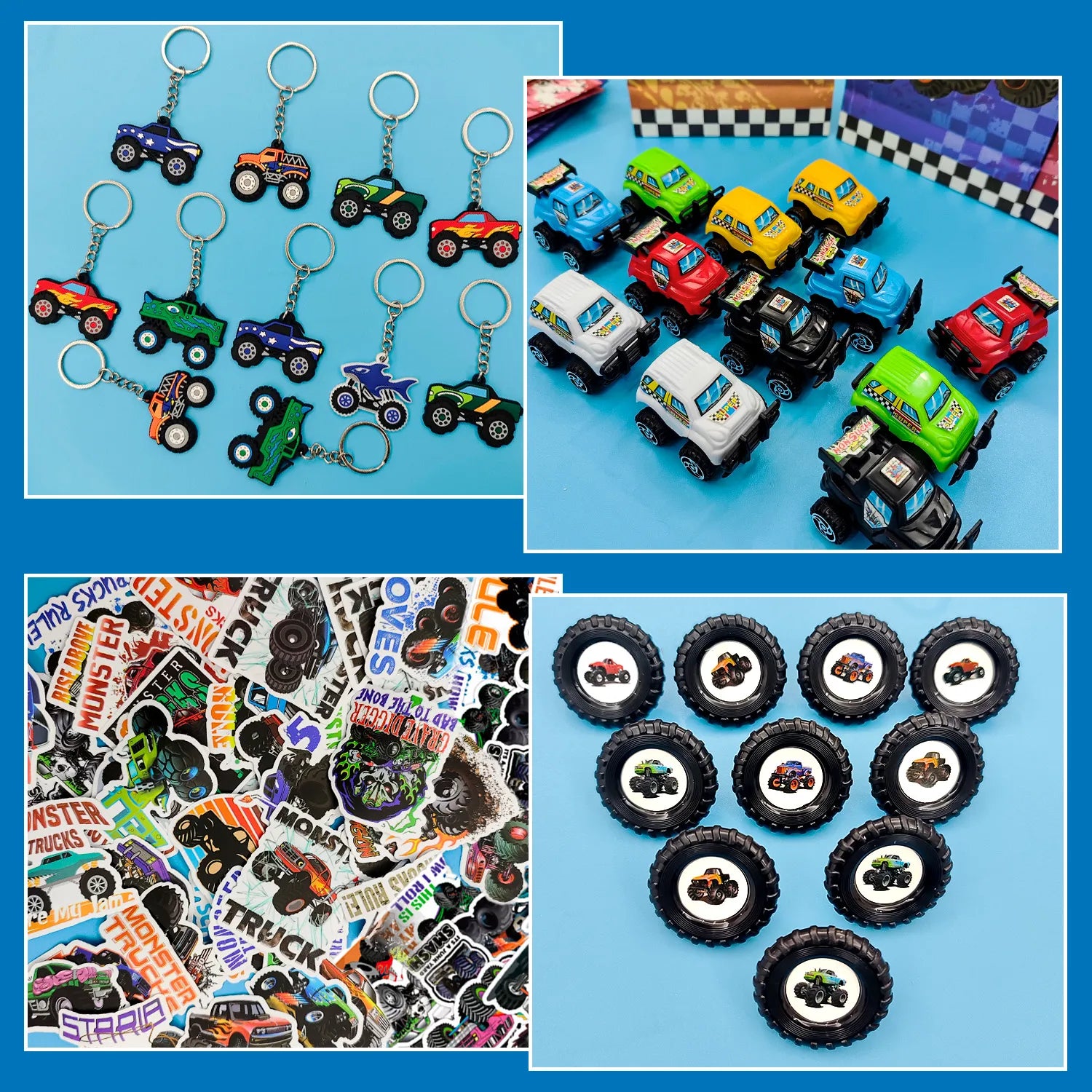 Monster Truck Favors, 110pcs All-In-One Mini Monster Trucks Party Favors Pack Including Monster Truck Theme Keychain Bags Stickers Toys Ring etc Monster Truck Birthday Party Favors for Boys Kids