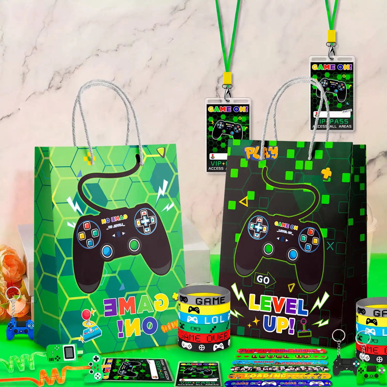 Video Game Party Favors for Kids, 12 Guests Gamer Party Favors Set Including Video Game Wristband Slap Bracelets Keychain Vip Pass Ticket & Gamer Goodie Bags etc Gaming Party Favors for Boys