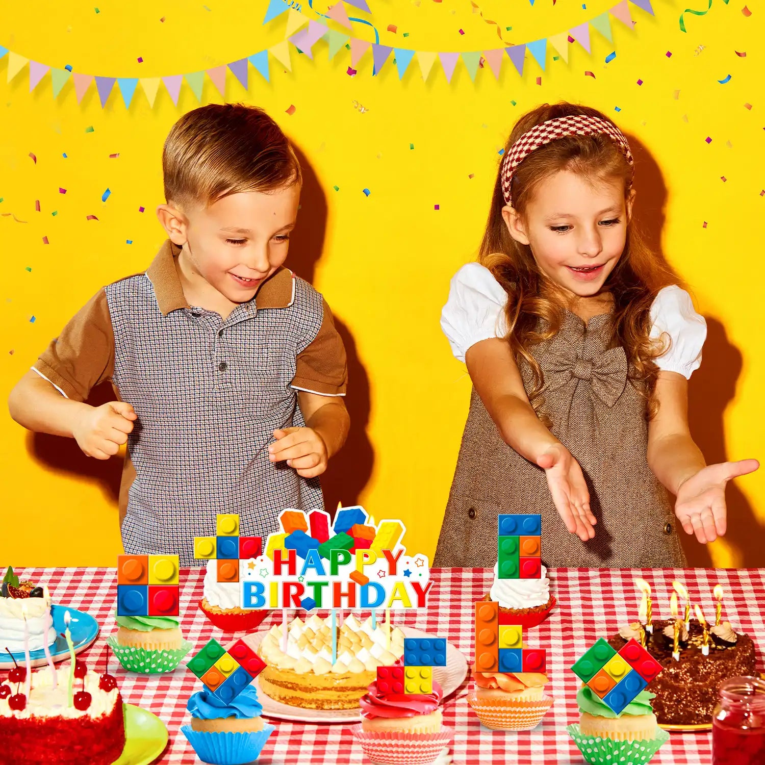 Building Blocks Cake Topper, 24 Pcs Building Block Birthday Party Cupcake Toppers + 1 Pcs Building Block Birthday Cake Topper/Building Blocks Cake Decorations for Building Block Theme Party Decoration