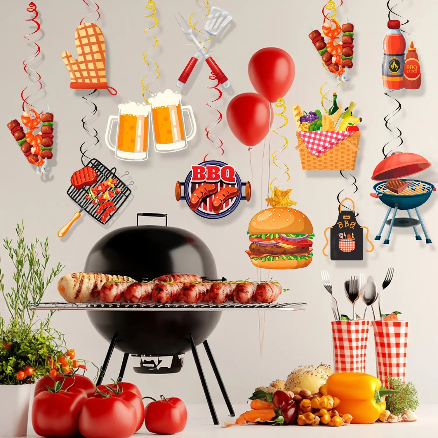 33pcs Summer Picnic Party Hanging Decor, Summer Bbq Hanging Swirls Picnic Birthday Hanging Swirl Barbecue Decor Swirls for Backyard Summer Bbq Party Supplies Decorations
