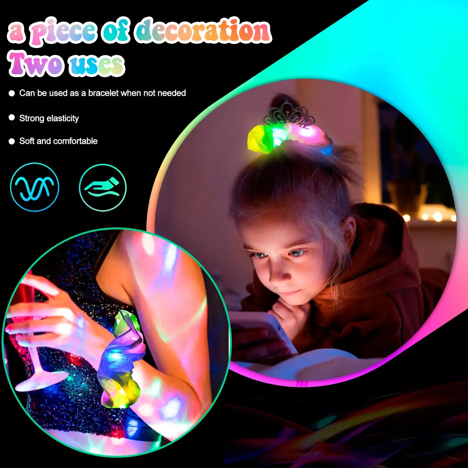 Light Up Scrunchies with Crown, 2 Pcs Glow Scrunchies Set - Glow in The Dark Scrunchies, Led Light Up Hair Scrunchies & Glow in The Dark Hair Ties, for Girls/Women Led Light Up Hair Accessories(Green)