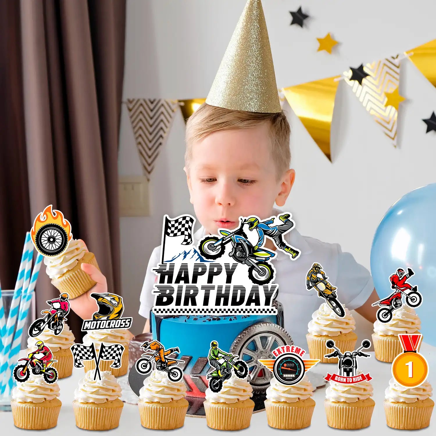 Motorcycle Cake Topper, 24 Pcs Motorcycle Cupcake Toppers/Dirtbike Cupcake Toppers + 1 Pcs Dirt Bike Cake Topper/Motorcycle Birthday Cake Decorations, for Dirt Bike Birthday Party Decorations Supplies