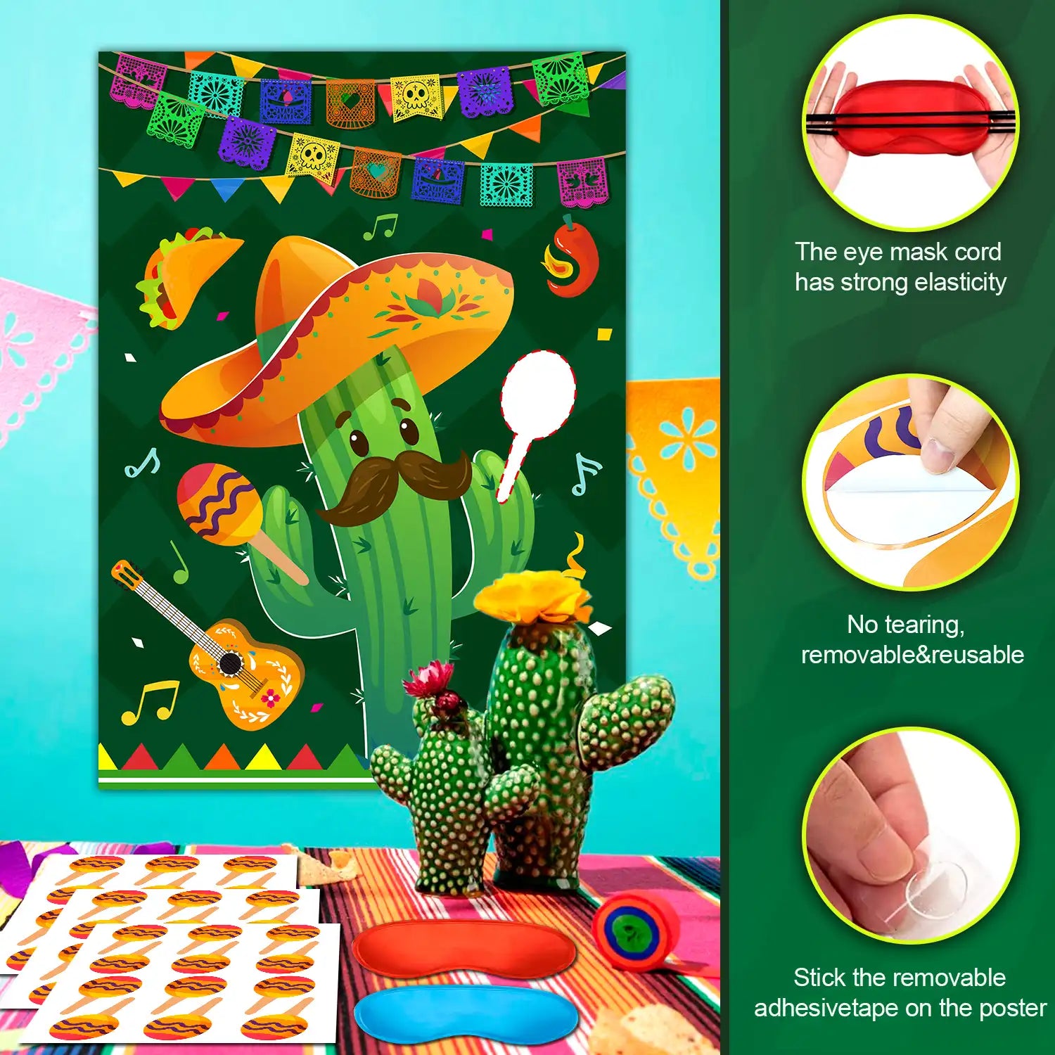 Pin The Maracas on The Cactus Mexican Games, 7 pcs Mexican Party Pin Game Set - Mexican Fiesta Party Games Poster Blindfold Maracas Mexican Stickers etc Mexican Birthday Party Decorations Supplies