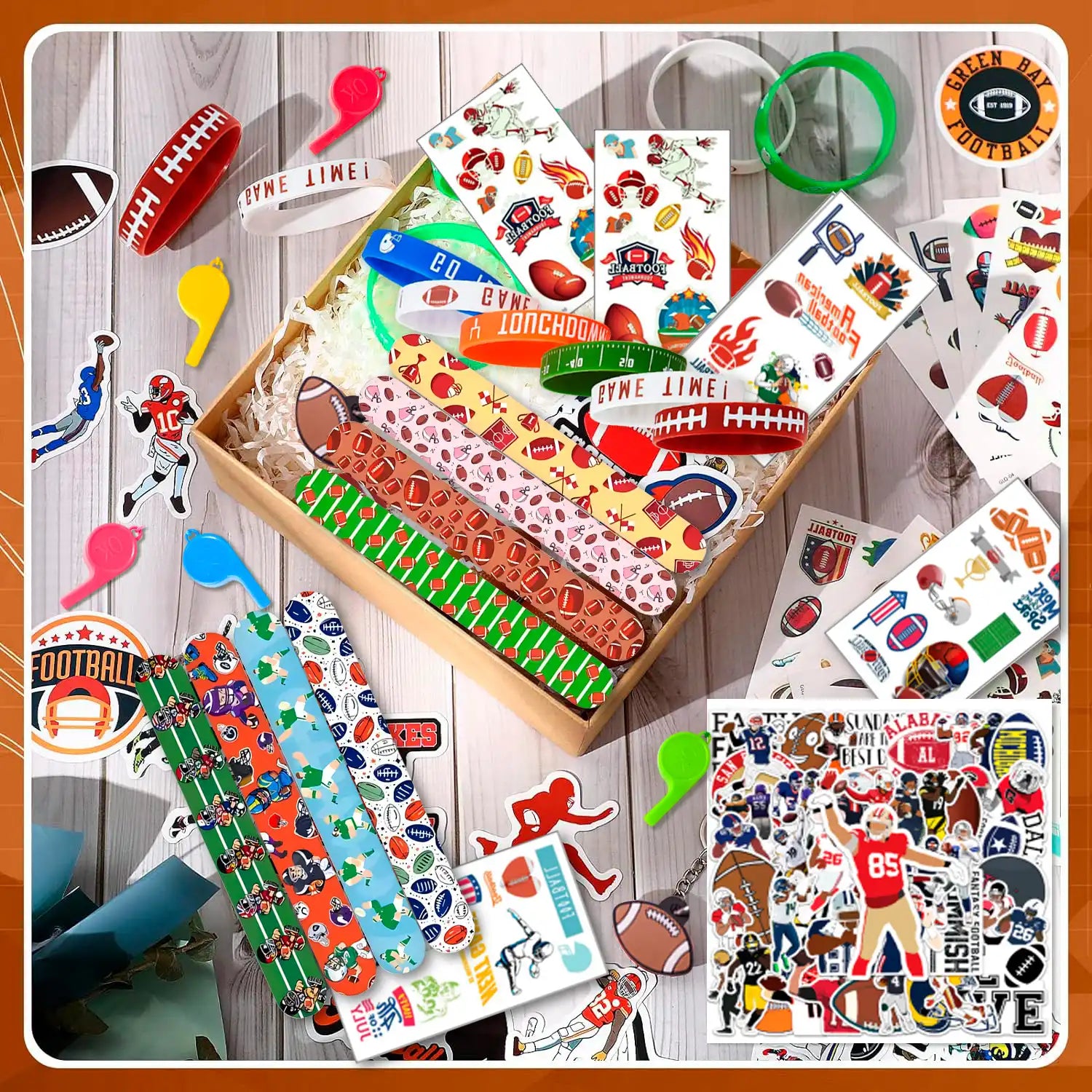 Football Party Favors for Kids,122pcs All-In-One Football Themed Party Favors Set - Football Party Bags, Football Keychains Bracelets Stickers Whistle etc Rugby Party Favors for Football Party Decor