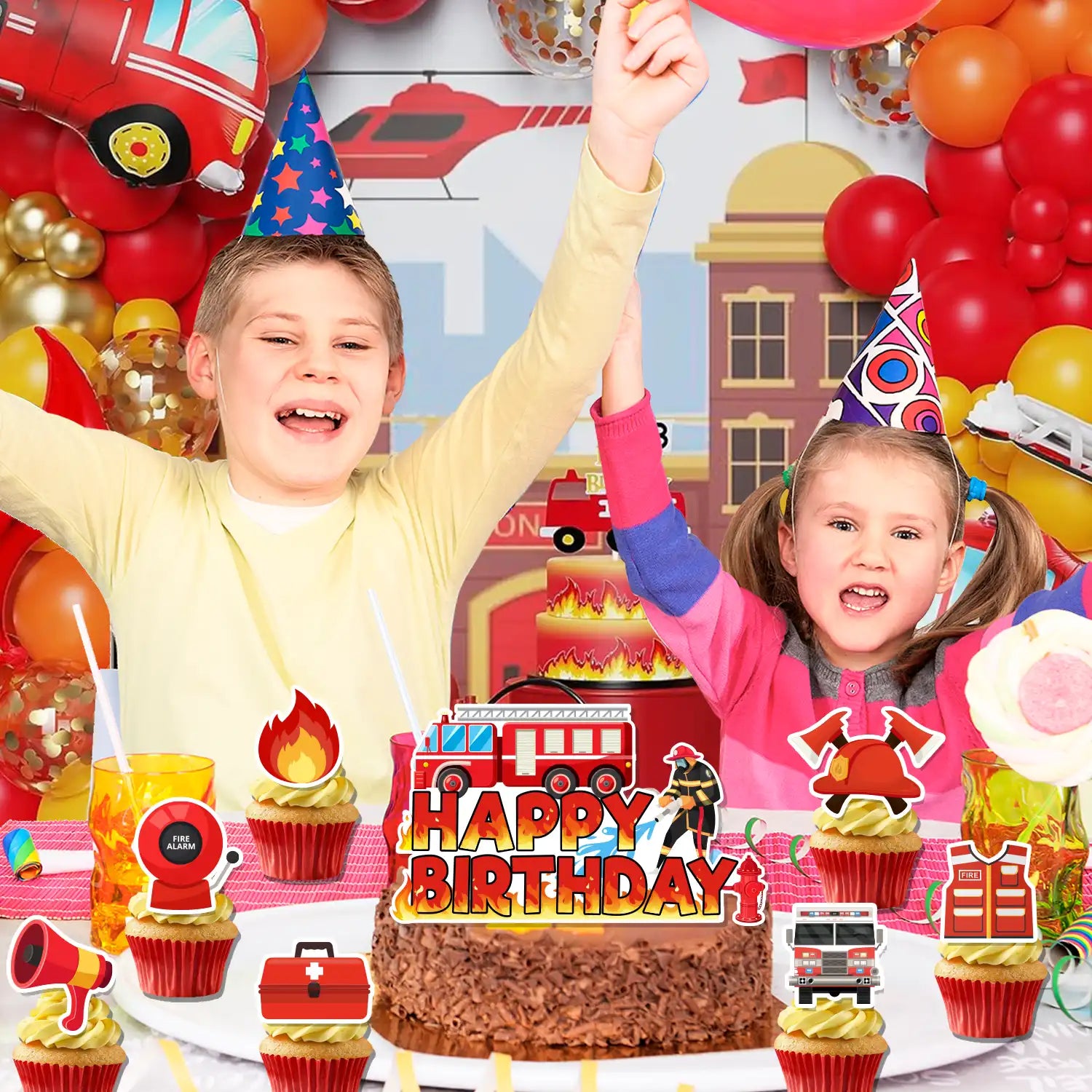 Firefighter Cake Topper, 25 Pcs Firefighter Birthday Cake Topper Set - Firefighter Party Cupcake Toppers & Firetruck Cake Toppers for Firefighter Party Decorations & Fire Truck Birthday Decorations