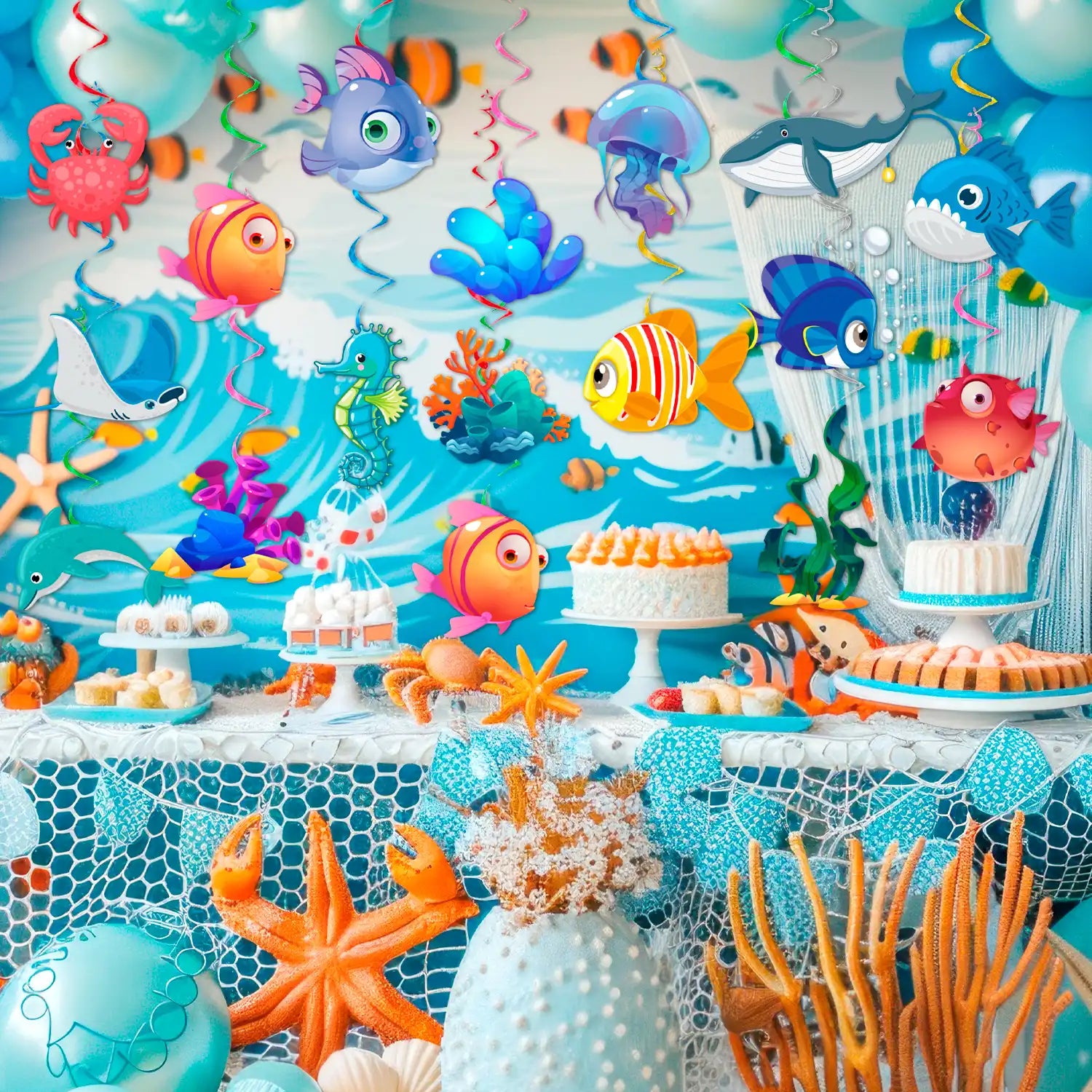 Sea Animals Hanging Swirl Decorations, 32 Pcs Under Sea Hanging Swirls Decoration, Ocean Ceiling Hanging Swirls & Undersea Spiral Decoration, for Ocean Theme Party & Under the Sea Party Decorations