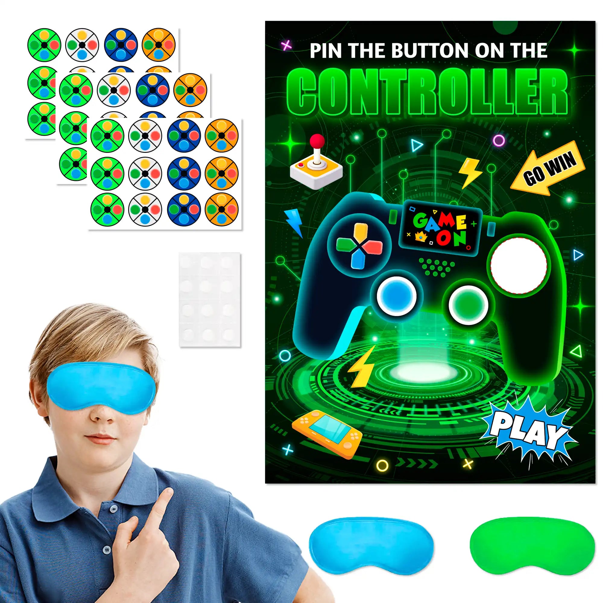 Pin The Button on The Video Game Party Game, Video Game Birthday Games Supplies - Video Game Party Game Poster, Video Game Button Sticker & Gaming Party Blindfold etc Video Game Birthday Decorations
