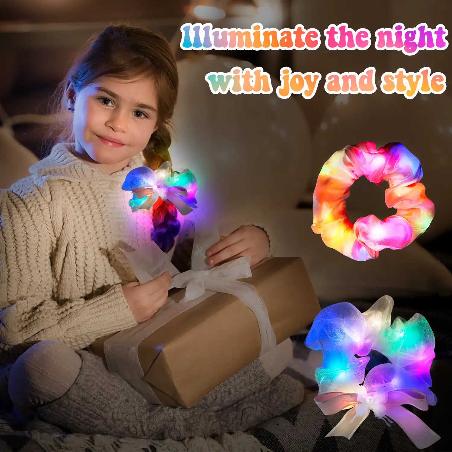 Light Up Scrunchies for Girls, 2 Pcs Glow Scrunchies Set - Glow in The Dark Scrunchies, Led Light Up Hair Scrunchies & Glow in The Dark Hair Ties, for Light Up Hair Accessories & Party Favors (Pink)