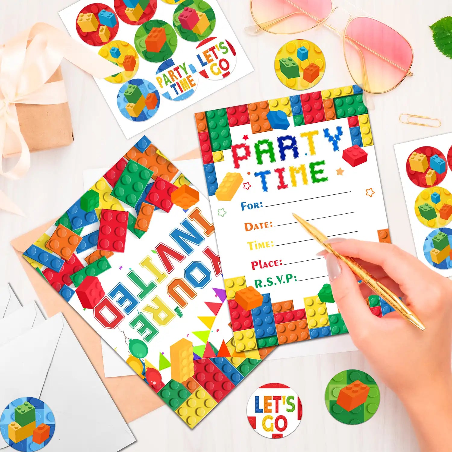Building Blocks Birthday Party Invitations, Brick Party Invitation Card Building Birthday Invites with Stickers & Envelopes, Bricks Birthday Invites for Building Blocks Party Favors(24 Guests)