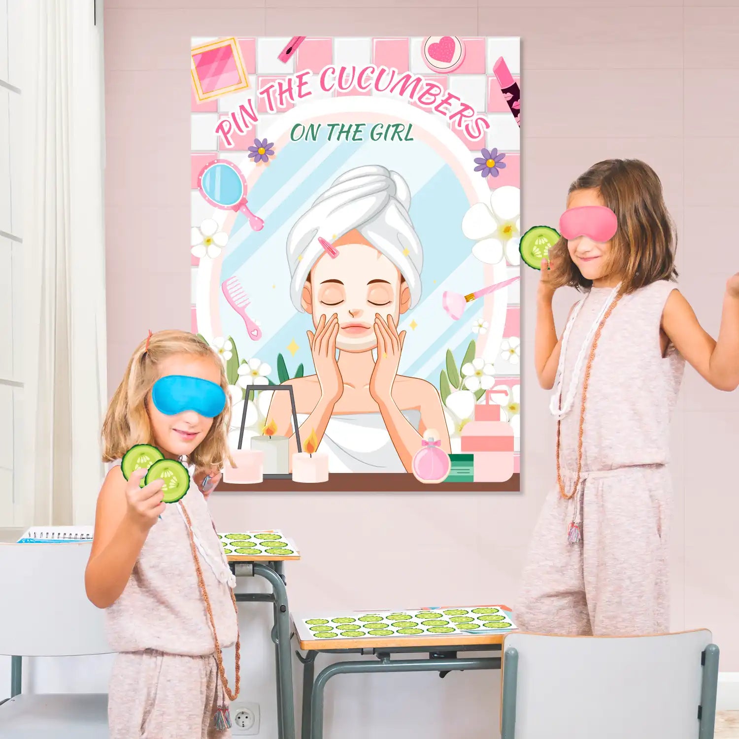 Spa Party Games, 7pcs Pin The Cucumber on The Girl Set - Spa Game Poster, Cucumber Stickers & Spa Birthday Party Decorations Blindfold for Women Kids Spa Party Supplies