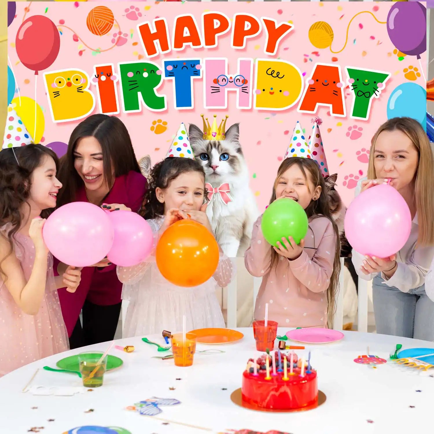 Cat Party Decorations, 71'' x 43'' Cat Birthday Backdrop Cat Happy Birthday Banner Cat Party Backdrop Cat Themed Birthday Party Backdrop, Cat Party Background for Cat Birthday Party Decorations