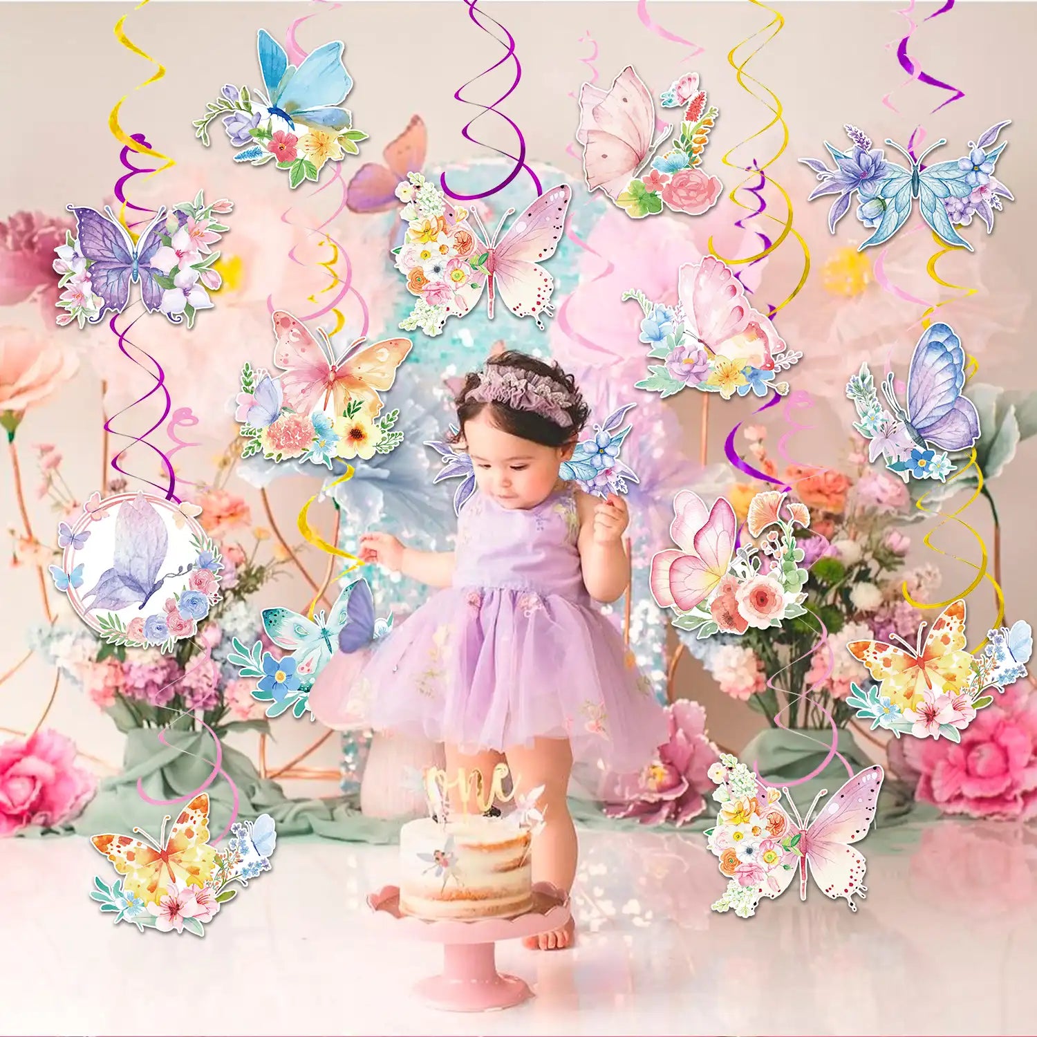 Butterfly Hanging Swirls - 57 Pcs Butterfly Themed Swirls, Butterfly Floral Hanging Swirl & Butterfly Hanging Ceiling Swirl for Butterfly Birthday Decorations & Butterfly Party Decorations