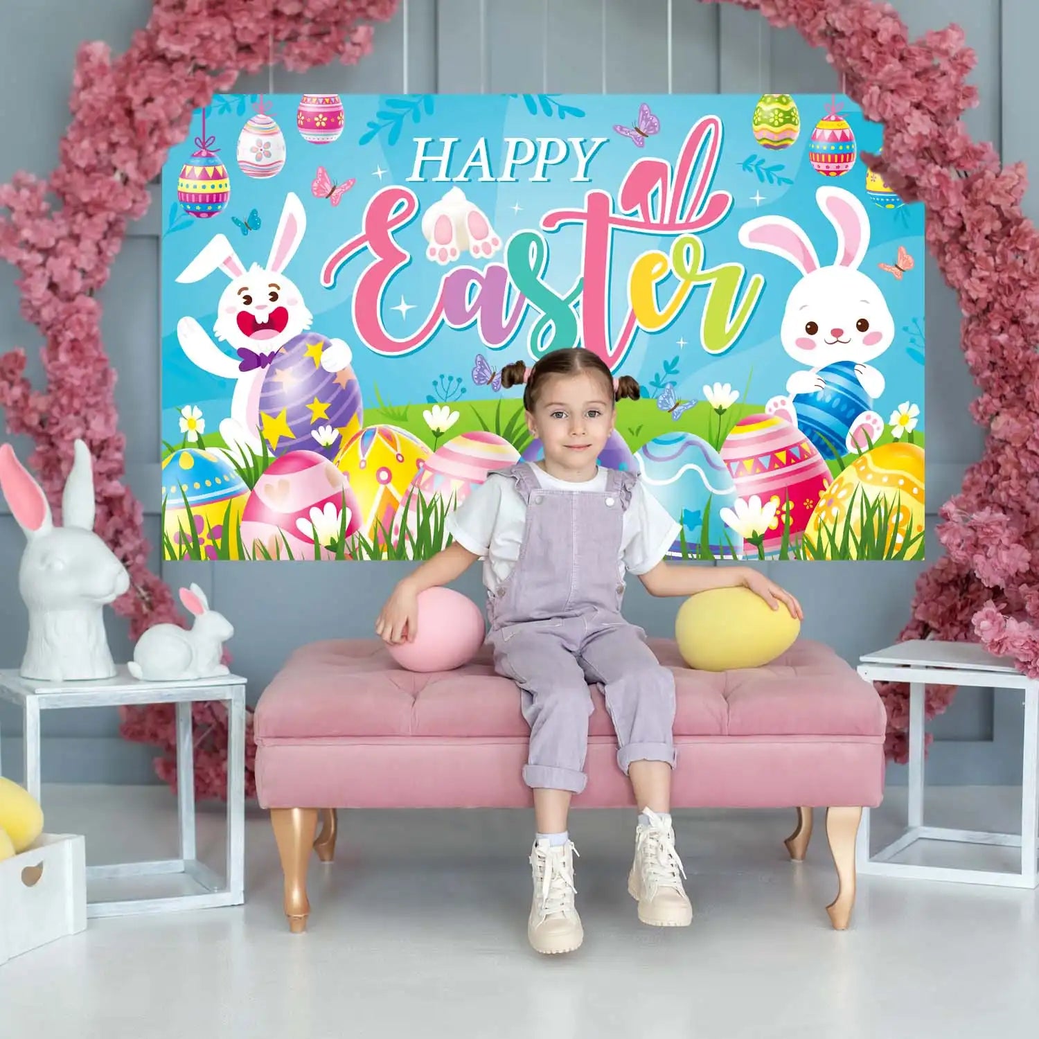 Happy Easter Backdrop - 71''x43'' Easter Party Backdrop, Easter Background Banner & Easter Photography Background for Spring Easter Family Party Photo Props