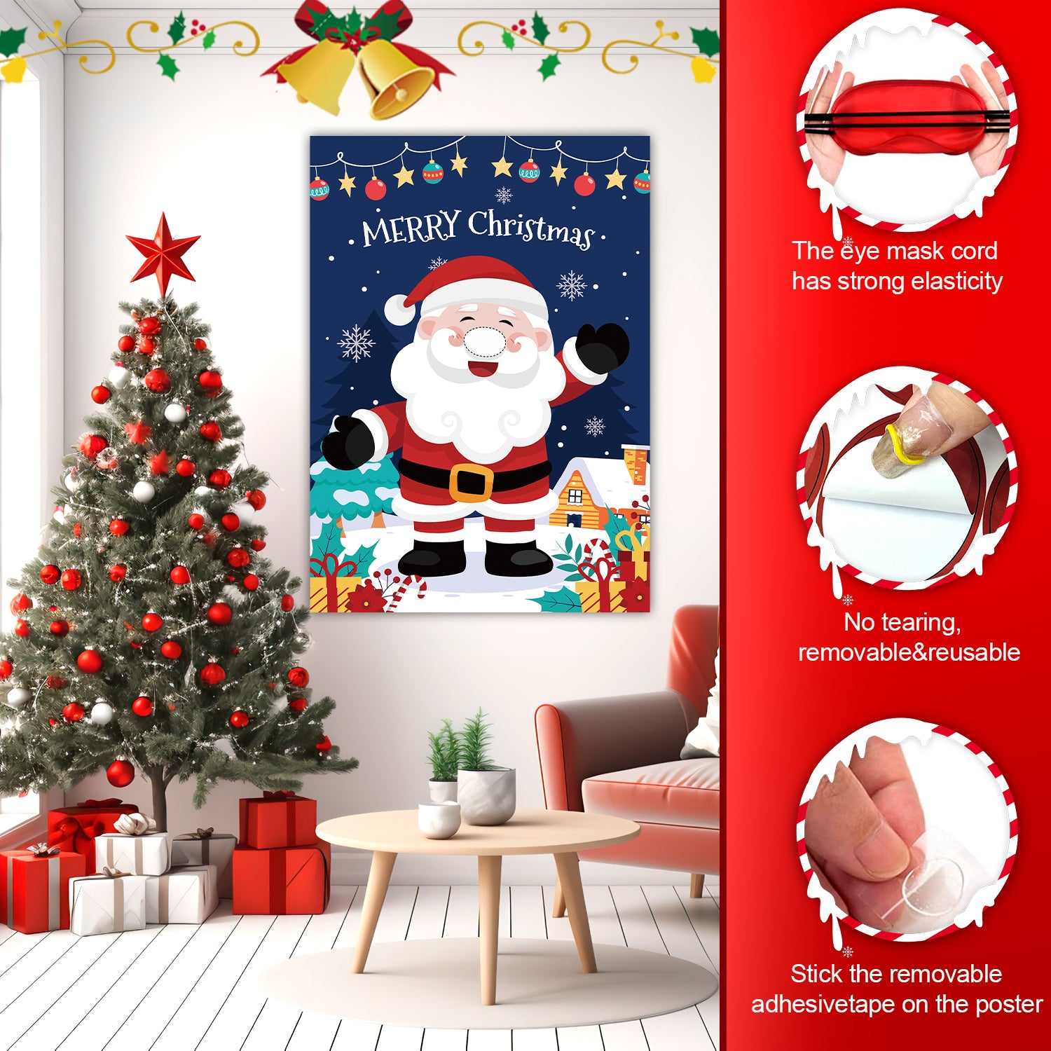 Pin The Christmas Game,5 Pcs Christmas Pin Party Game Supplies-Christmas Pin The Poster,Christmas Party Blindfold&Red Nose Christmas Stickers etc Christmas Pin The Nose Game for Christmas Decorations