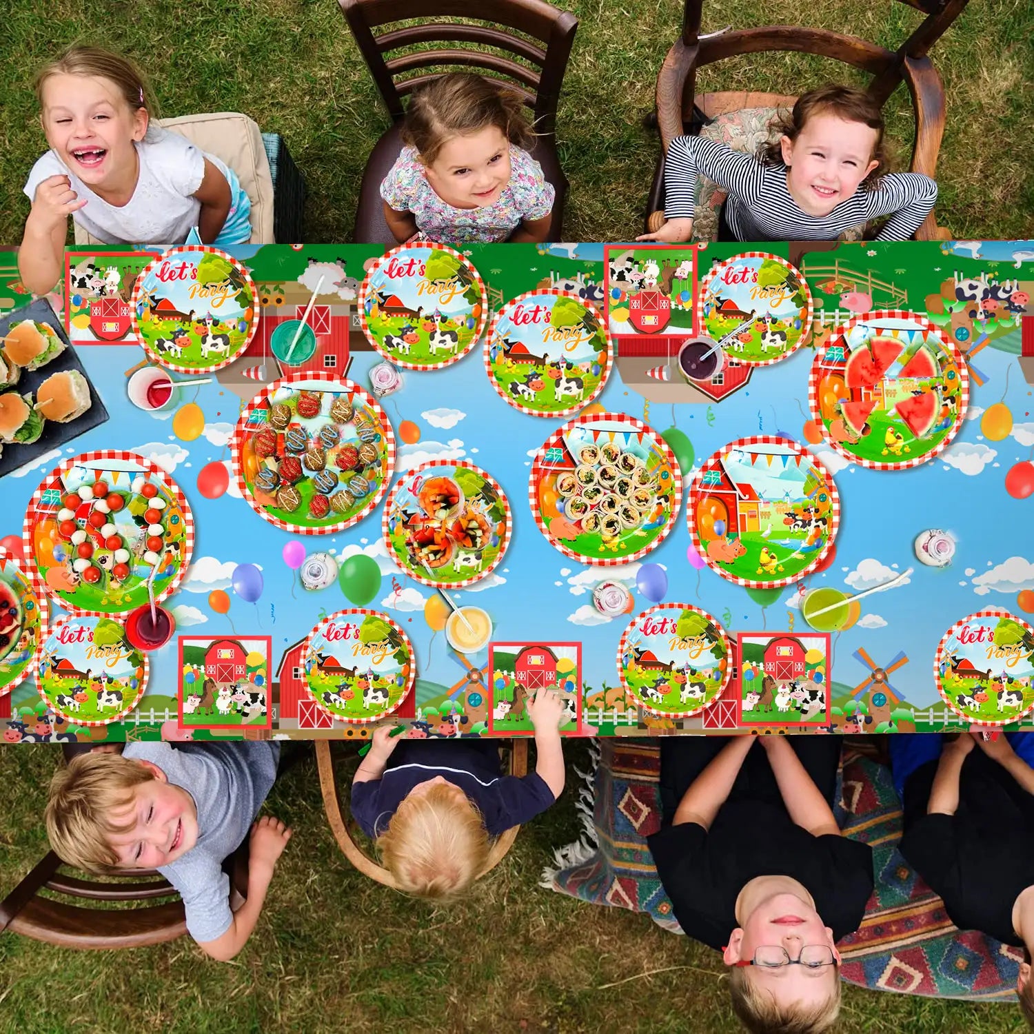 Farm House Fun Barnyard Animals Party Supplies, 16 Guests Farm Party Tableware Set-Farm animals Birthday Banner,Farm Plates Cups Napkins Tablecloth ect Farm Birthday Party Supplies,Serves 16