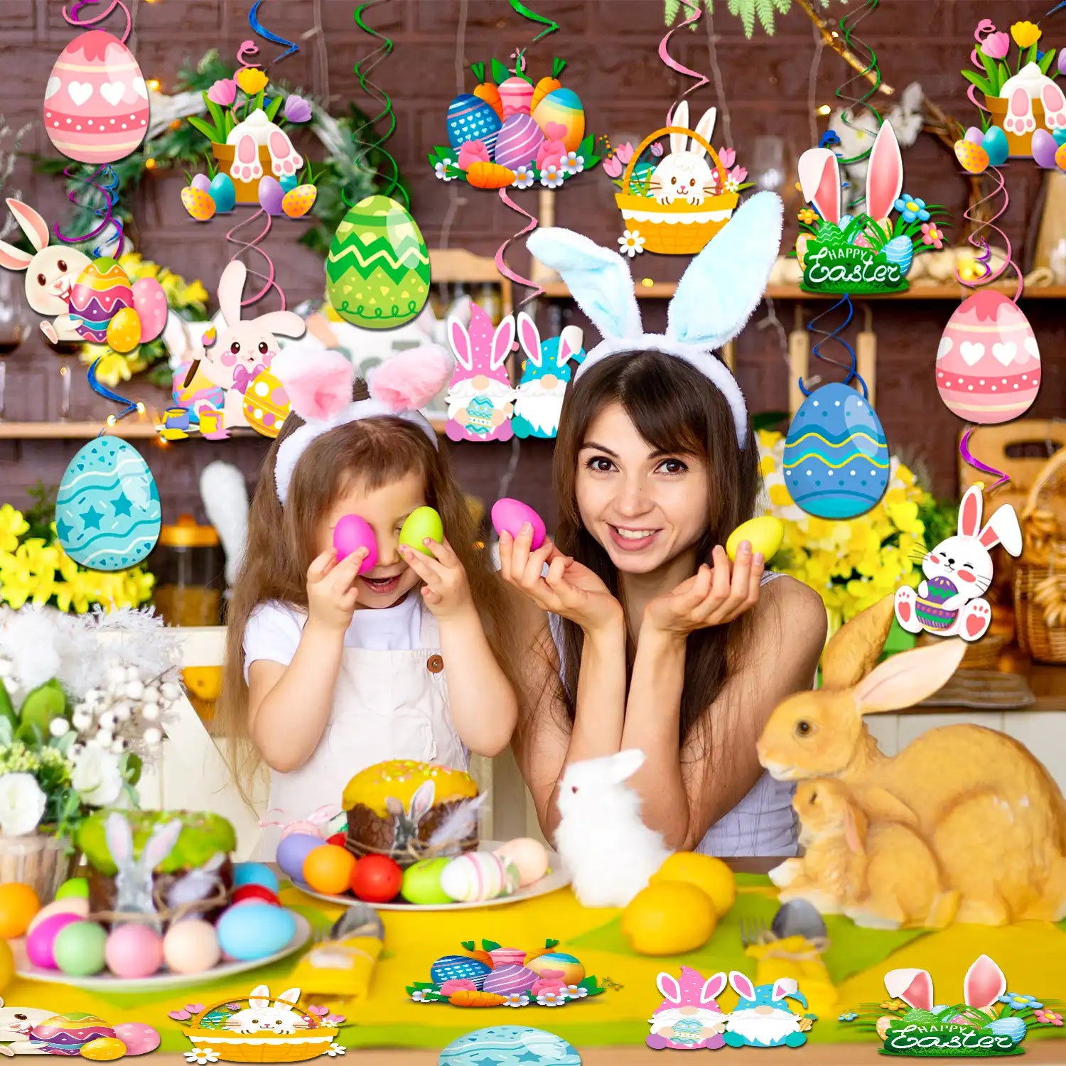 Easter Hanging Swirl Decorations, 56 Pcs Easter Party Hanging Swirls, Easter Bunny Hanging Swirls & Easter Foil Swirl Decorations for Easter Party Decorations & Happy Easter Decorations