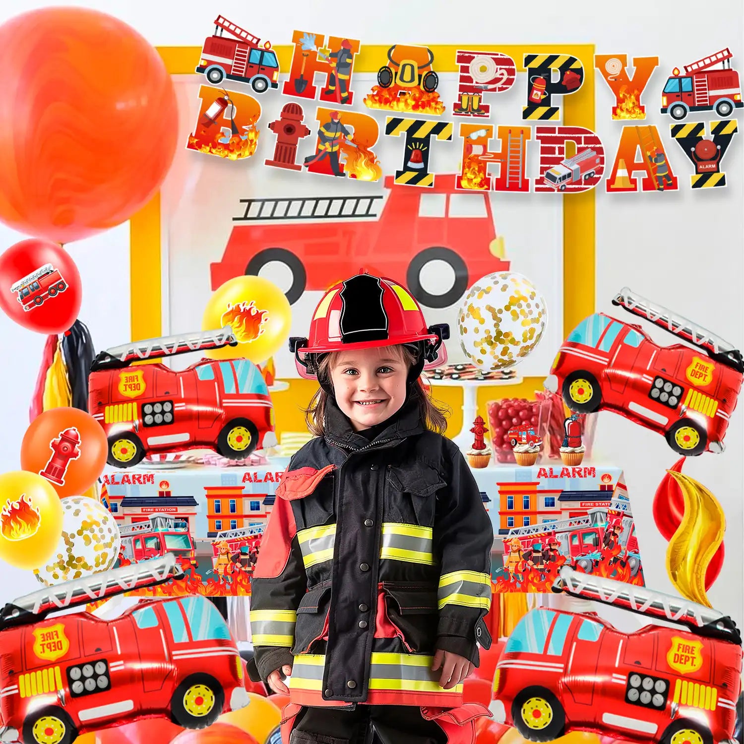 Fire Truck Party Decorations, 110 Pcs Firetruck Birthday Decorations - Fire Truck Party Balloons & Fire Truck Birthday Banner Cake Toppers Tablecloth etc Firefighter Birthday Party Decorations