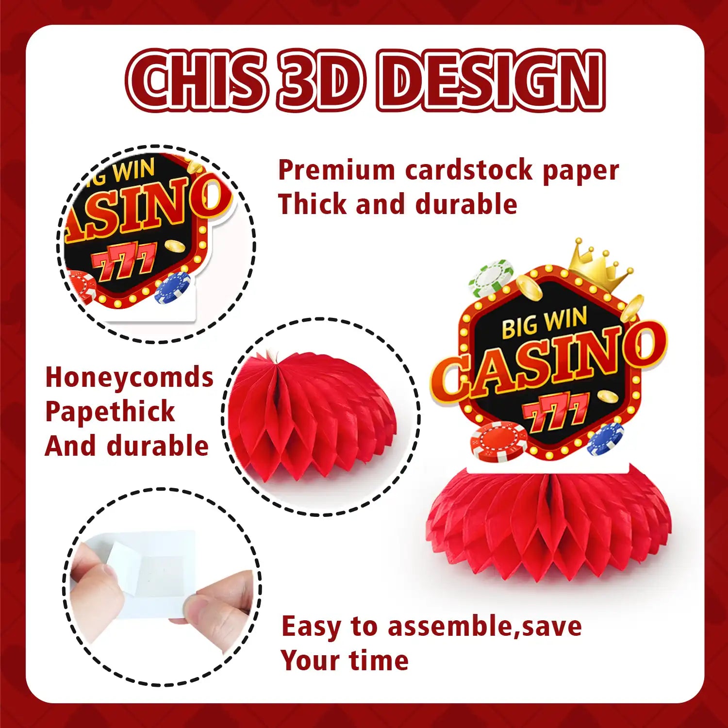 Casino Honeycomb Centerpieces, 9 Pcs Casino Theme Honeycomb Centerpieces & Casino Centerpiece Table Decorations for Casino Party Decorations & Las Vegas Party Decorations