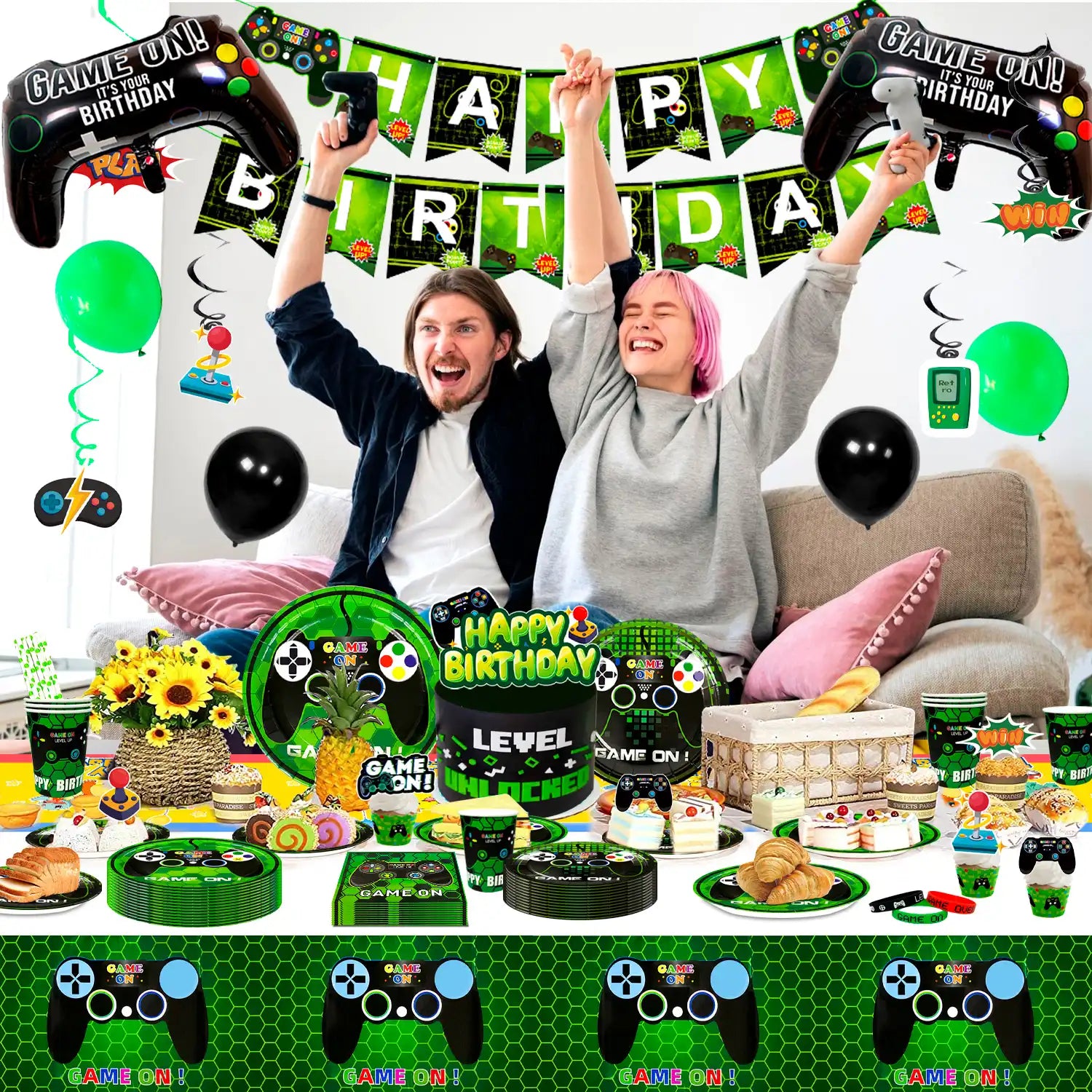 Gaming Birthday Party Supplies for Boys,132pcs Video Game Party Decorations&Tableware Set - Gaming Decorations Plates Cups Tablecloth Balloons Banner Cake Topper etc Game On Birthday Party Supplies