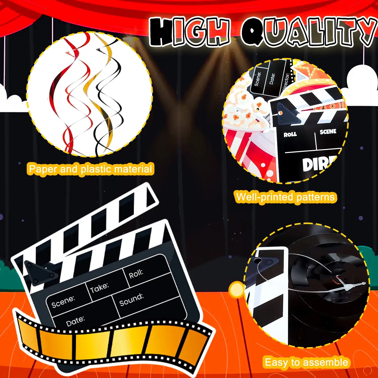 Movie Night Party Swirl Banner, 8pcs Movie Night Birthday Party Decorations Set - Movie Night Hanging Swirl & Movie Night Now Showing Banner for Movie Theme Party Decorations & Movie Night Decorations