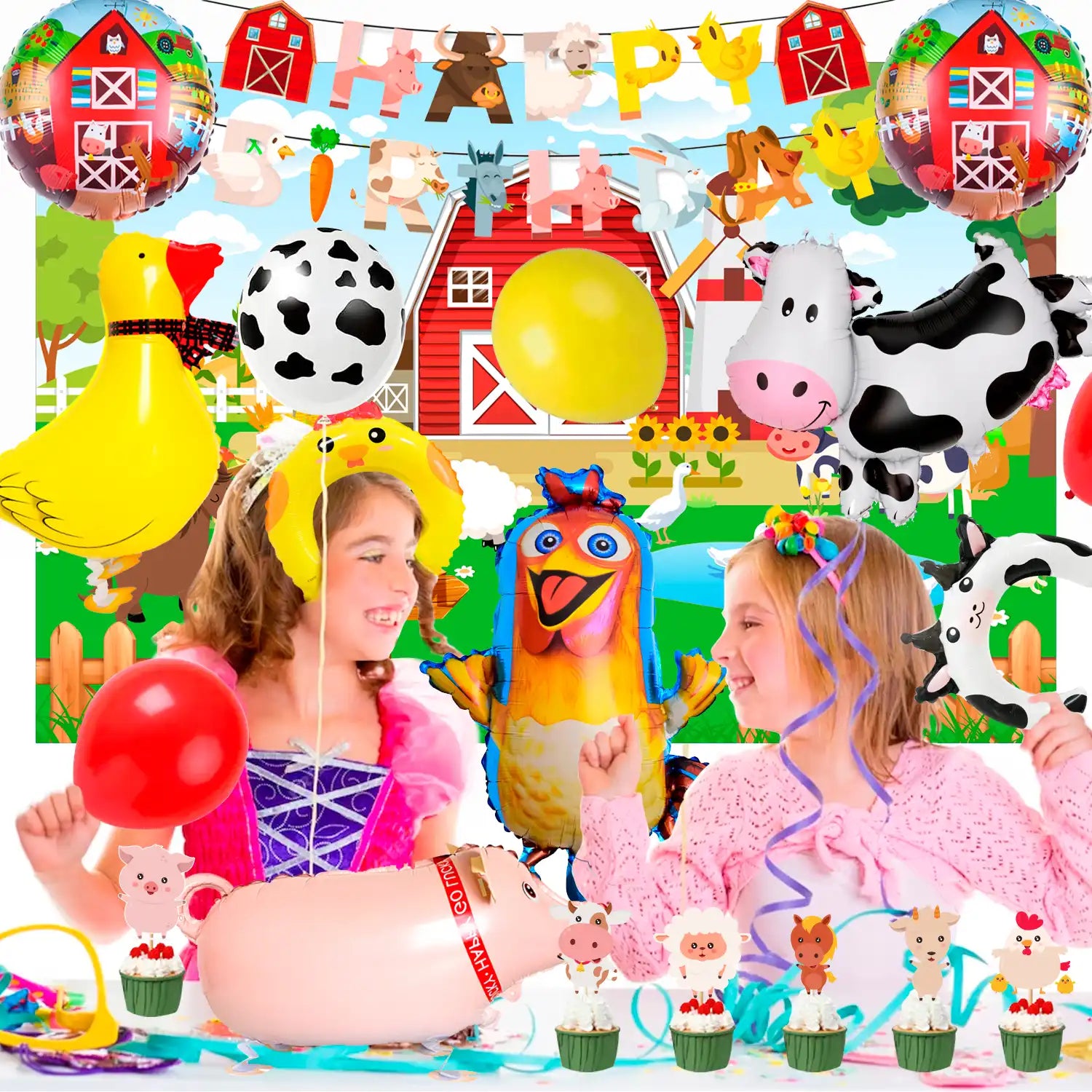Farm Animal Birthday Decorations, 49pcs Farm Party Decorations Set Including Farm Animal Balloons Backdrop Cupcake Toppers Head Hoop etc Farm Birthday Decorations Supplies for Girls/Boys Kids