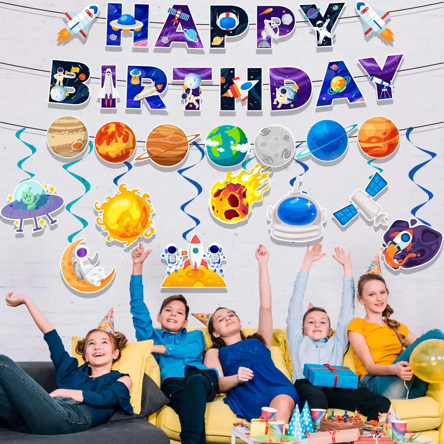 Outer Space Birthday Party Decorations Set - Space Themed Happy Birthday Banner & Solar System Hanging Swirl Decorations for Space Themed Party Decorations and Space Birthday Decorations Supplies