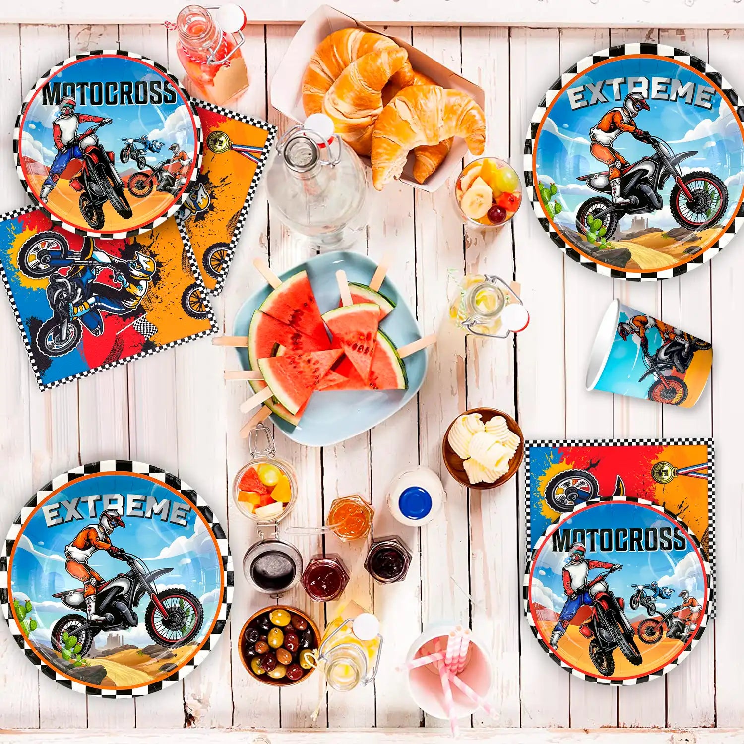 Motorcycle Birthday Supplies, 54pcs Motorcycle Birthday Decorations&Motorcycle Theme Party Tableware Set- Dirt Bike Party Plates and Napkins Cups & Banner Balloon etc Motocross Party Supplies for Boys