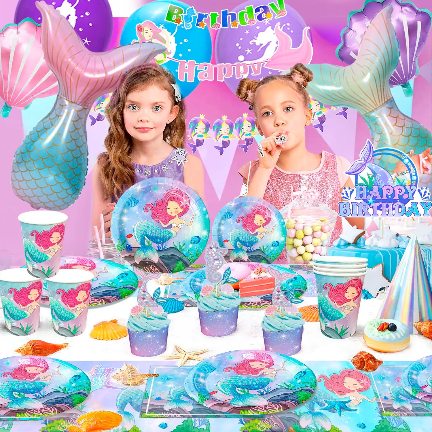 Mermaid Birthday Party Supplies, 128pcs Mermaid Birthday Decorations & Tableware Set - Mermaid Balloons Banners Plates Cups Napkins Tablecloth etc Mermaid Party Decorations for Girls Kids (Serves 16)