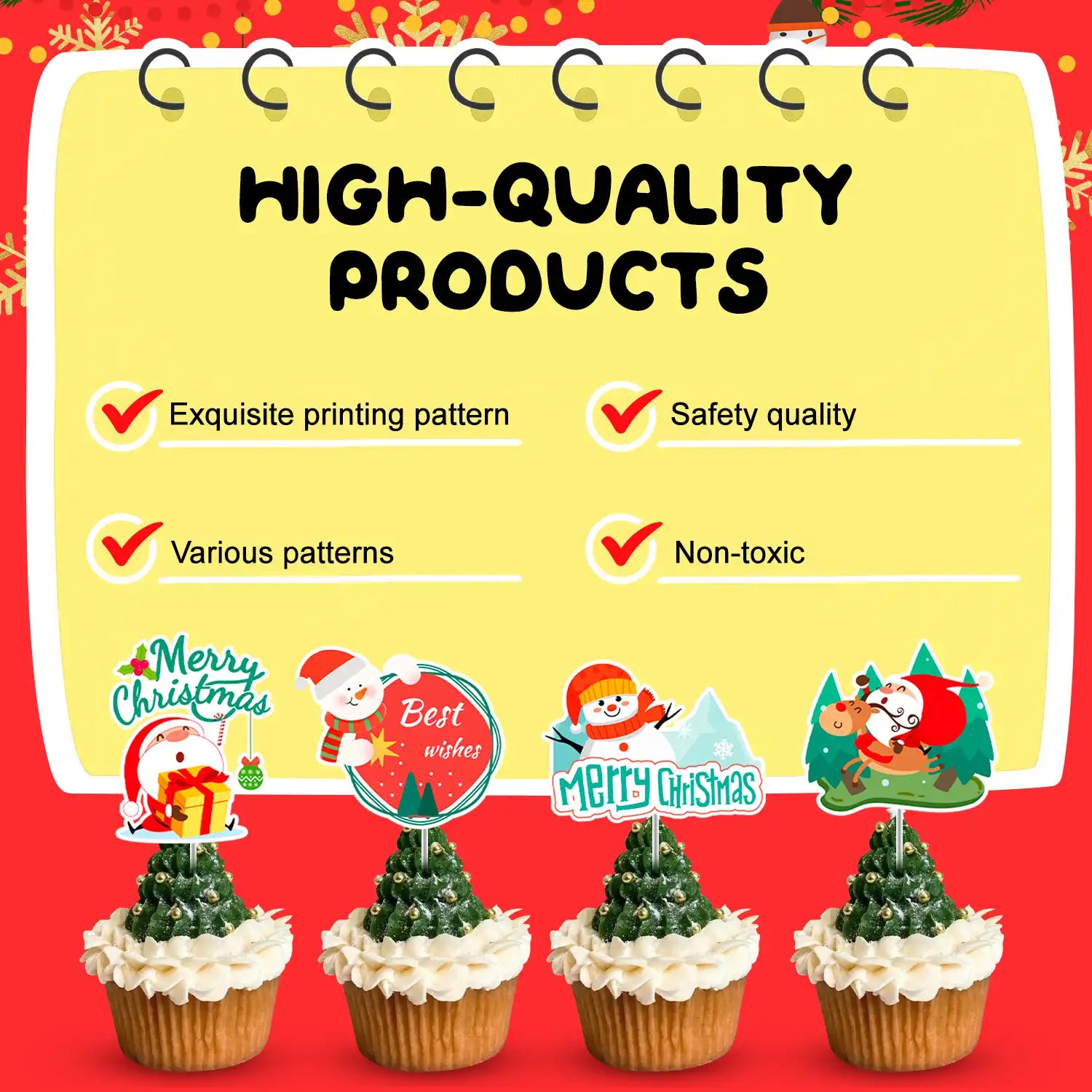 Christmas Cake Topper, 13 Pcs Christmas Cake Decorations Set- 12 Pcs Christmas Cupcake Toppers/Christmas Party Cup Cake Toppers & 1 Pcs Xmas Cake Toppers for Christmas Party Decorations Supplies
