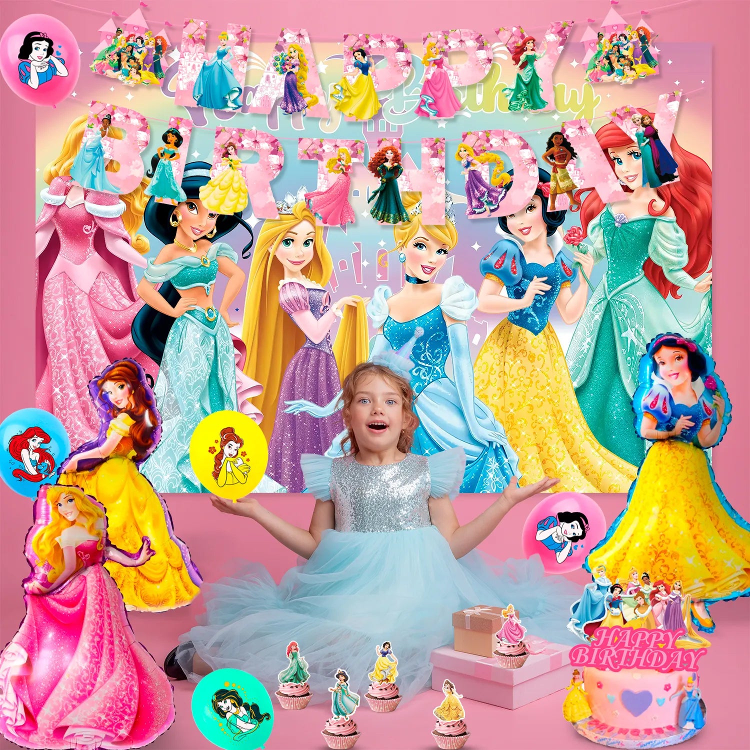 Princess Birthday Party Decorations, 10-Person Princess Party Tableware & Decorations Set Including Princess Birthday Plates Napkins Tablecloth & Princess Cake Topper Banner etc, for Girls Kids