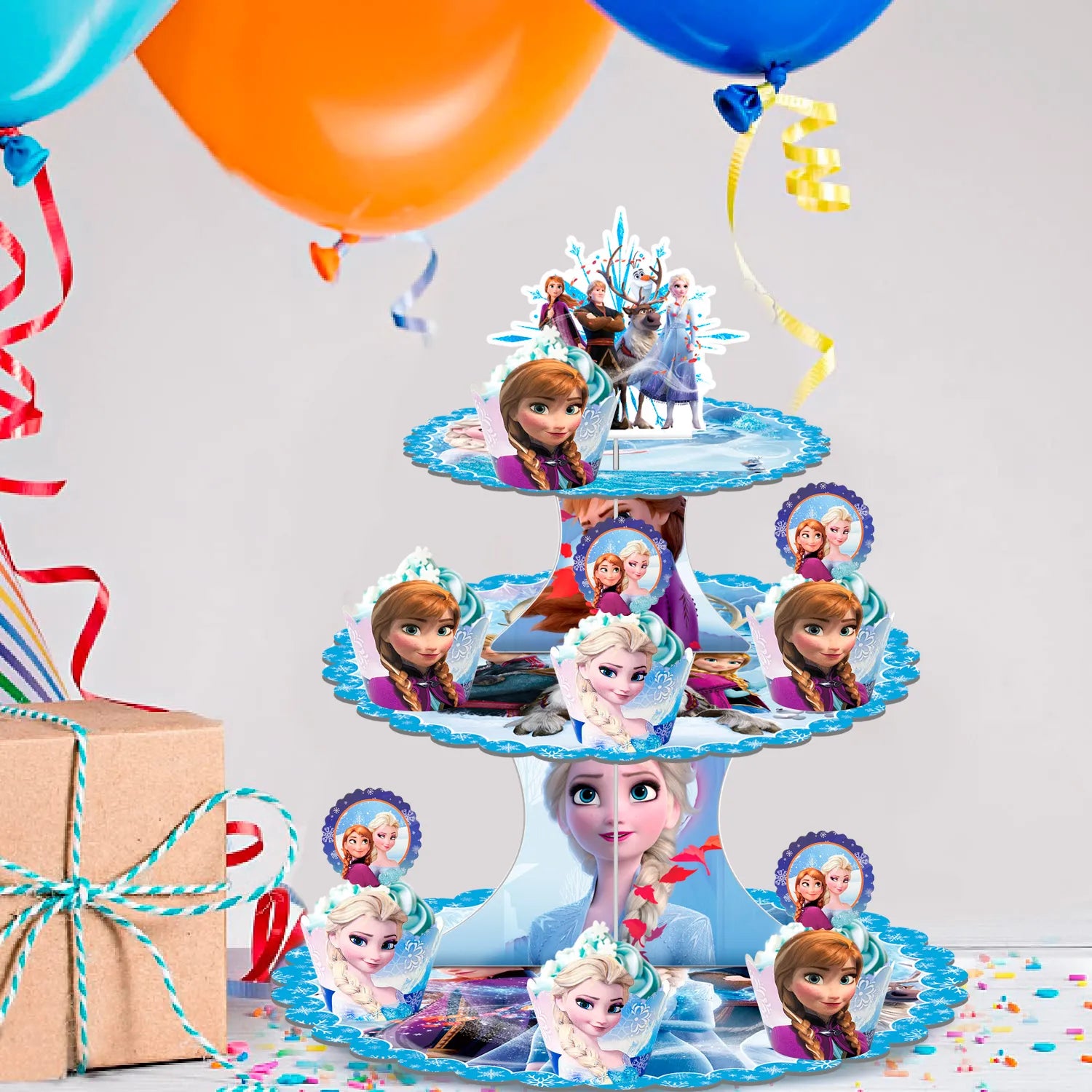 Frozen Cupcake Stand, 3-Tier Frozen Birthday Cupcake Stand with 12pcs Frozen Cupke Toppers & 12pcs Elsa Cake Cups Perfect for Elsa Themcaed Party or Frozen Birthday Party Supplies