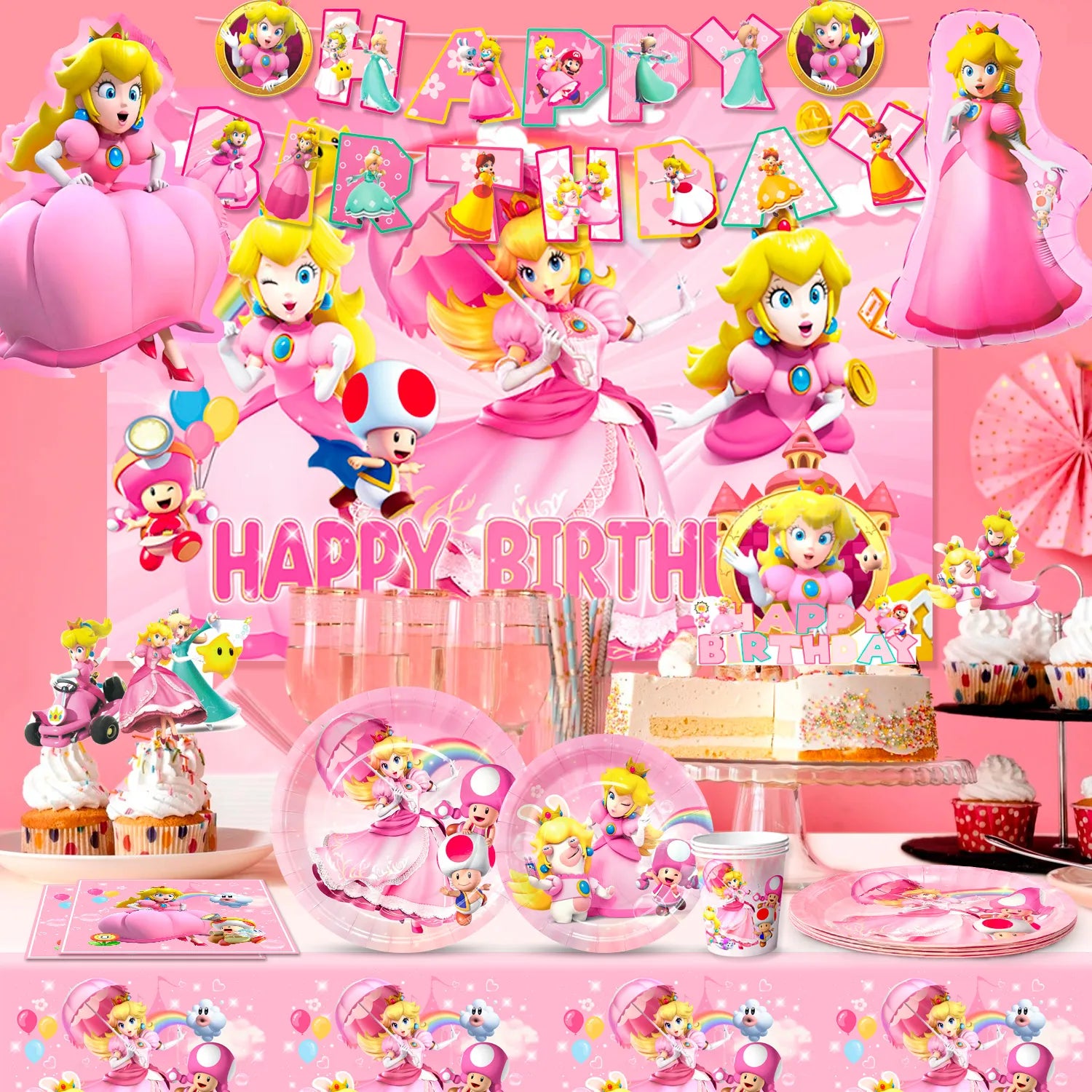 Princess Peach Birthday Party Supplies, 10-Person Princess Peach Party Decorations & Tableware Set - Princess Peach Party Plates and Napkins Cups Balloon Cake Topper etc Princess Peach Themed Supplies