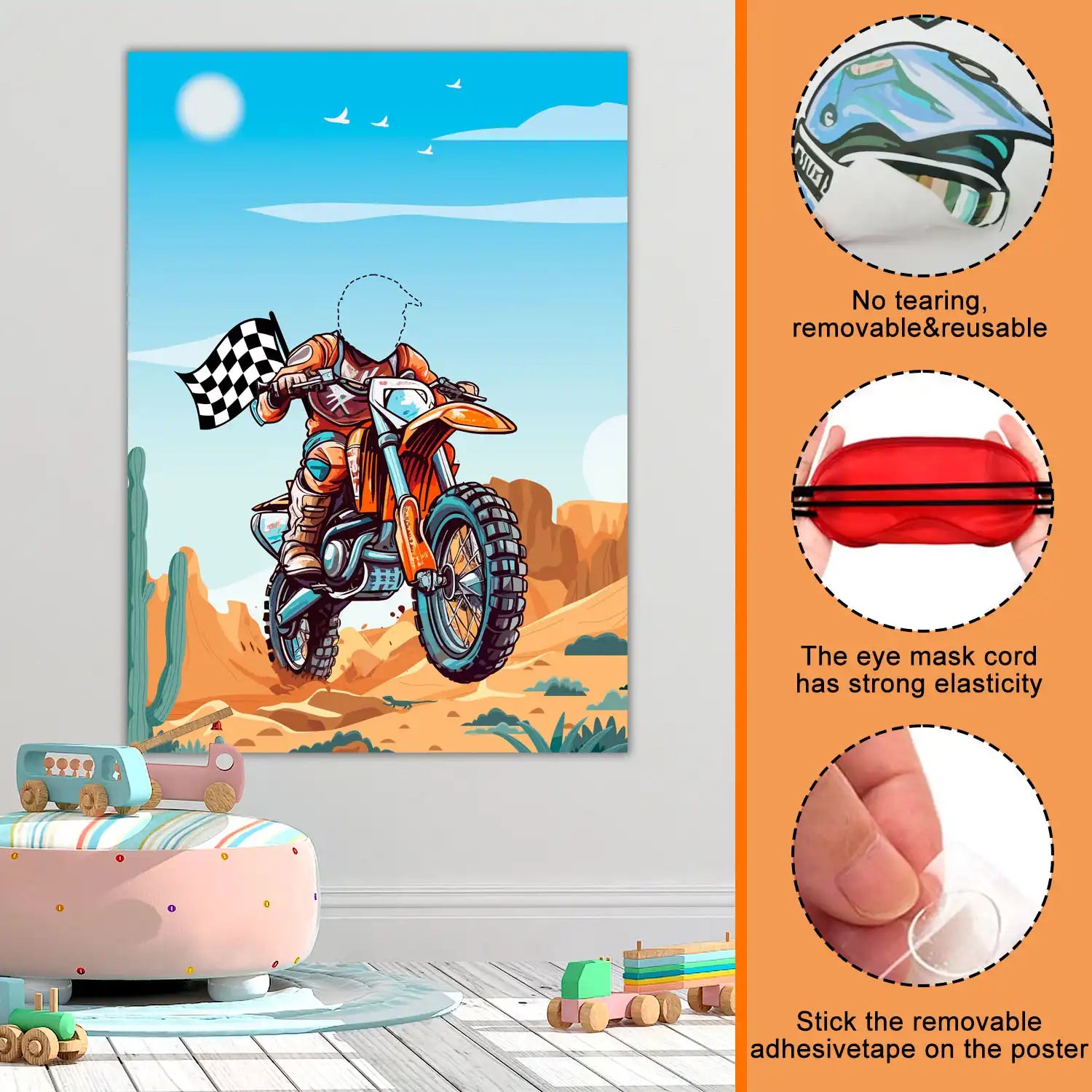 Dirt Bike Party Games, 7 Pcs Motocross Party Game Supplies - Motorcycle Pin Game Poster,  Helmets Dirt Bike Stickers & Motorcycle Games Blindfolds etc Dirt Bike Birthday Party Decorations Games