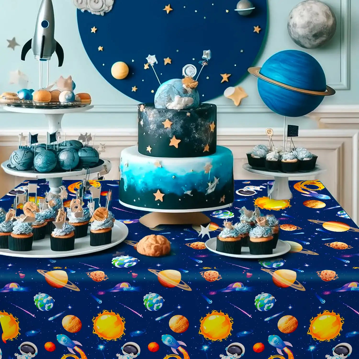 Space Tablecloth, 3 Pcs Outer Space Party Table Cloth Set - Astronaut Table Covers, Space Birthday Party Tablecloth & Space Themed Table Covers for Space Birthday Decorations & Space Party Decorations
