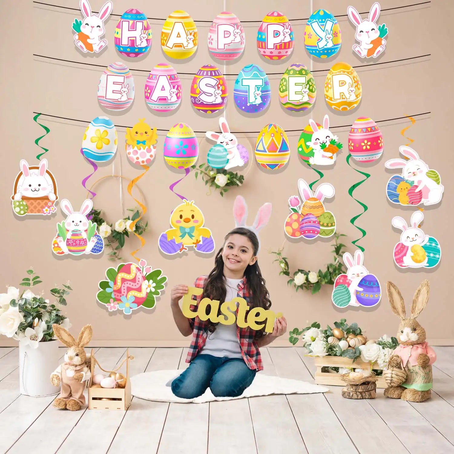 Easter Swirl Banner, 9Pcs Easter Hanging Party Decorations Set - Happy Easter Banner, Easter Hanging Decorations Banner Easter Egg Bunny Hanging Swirl for Home Office School Easter Party Decorations