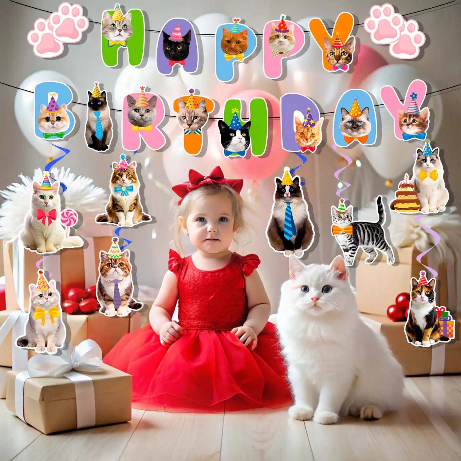 Cat Birthday Party Decorations, 9 Pcs Cat Birthday Decorations - Cat Themed Birthday Banner Balloon & Cat Swirl Decorations for Cat Themed Birthday Party Supplies
