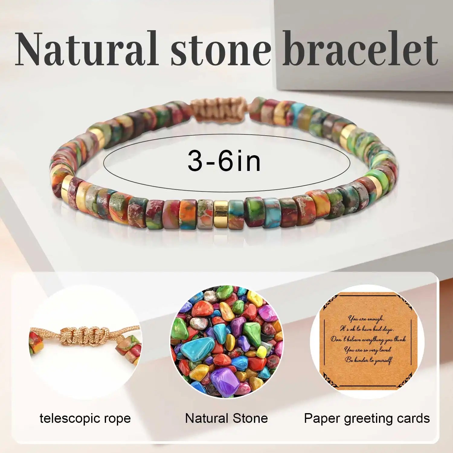 Natural Stone Bracelets, 3-6'' Adjustable Natural Crystal Bracelets Gemstones Beaded Stretch Bracelet Healing Crystal Bracelet Semi-Precious Stretch Bracelet, Inspirational Bracelets for Women