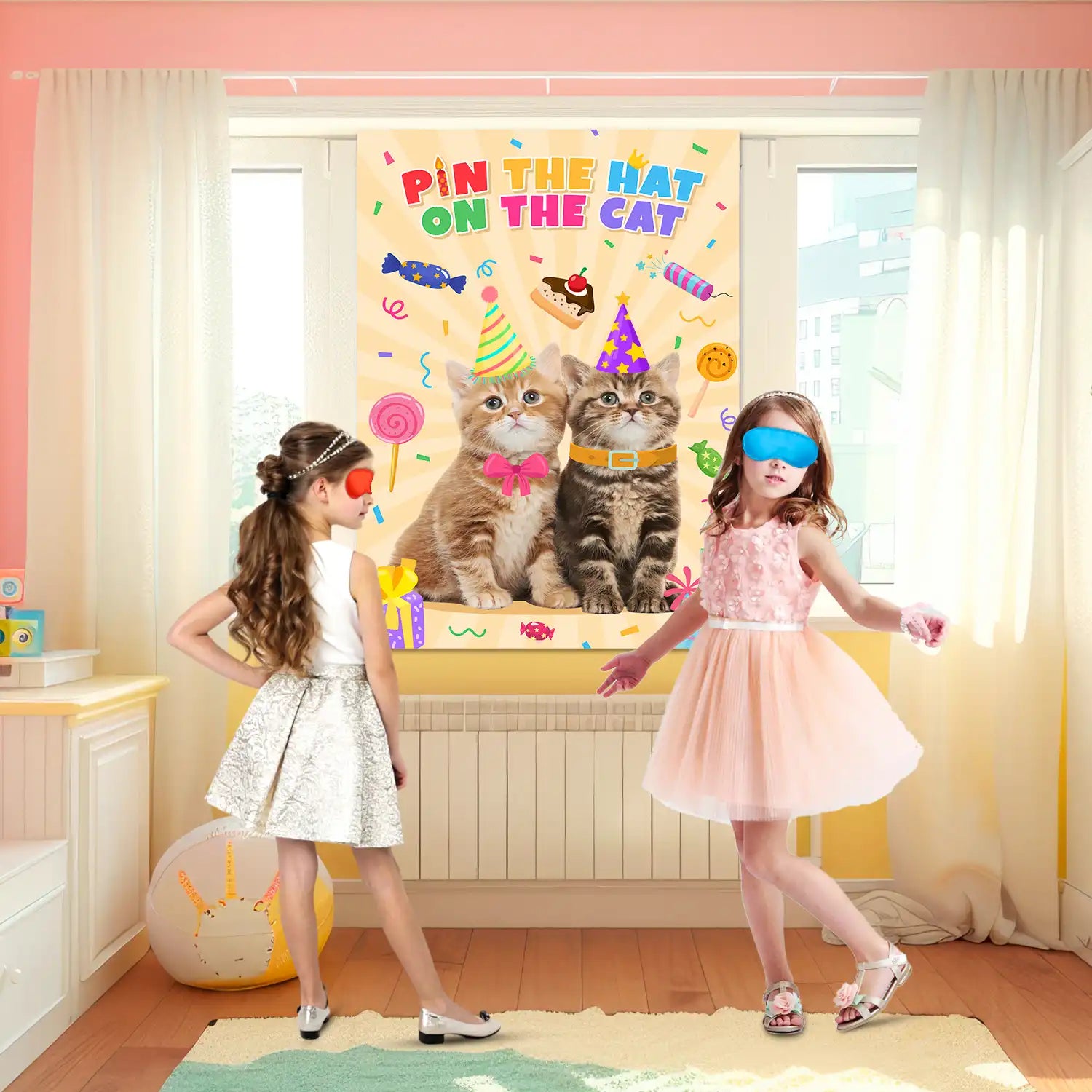 Pin The Hat on The Cat Party Games, 7 Pcs Cat Birthday Party Games Kit - Cat Games Poster, Cat Party Games Blindfold & Cat Birthday Hat Stickers etc Cat Birthday Decorations Supplies