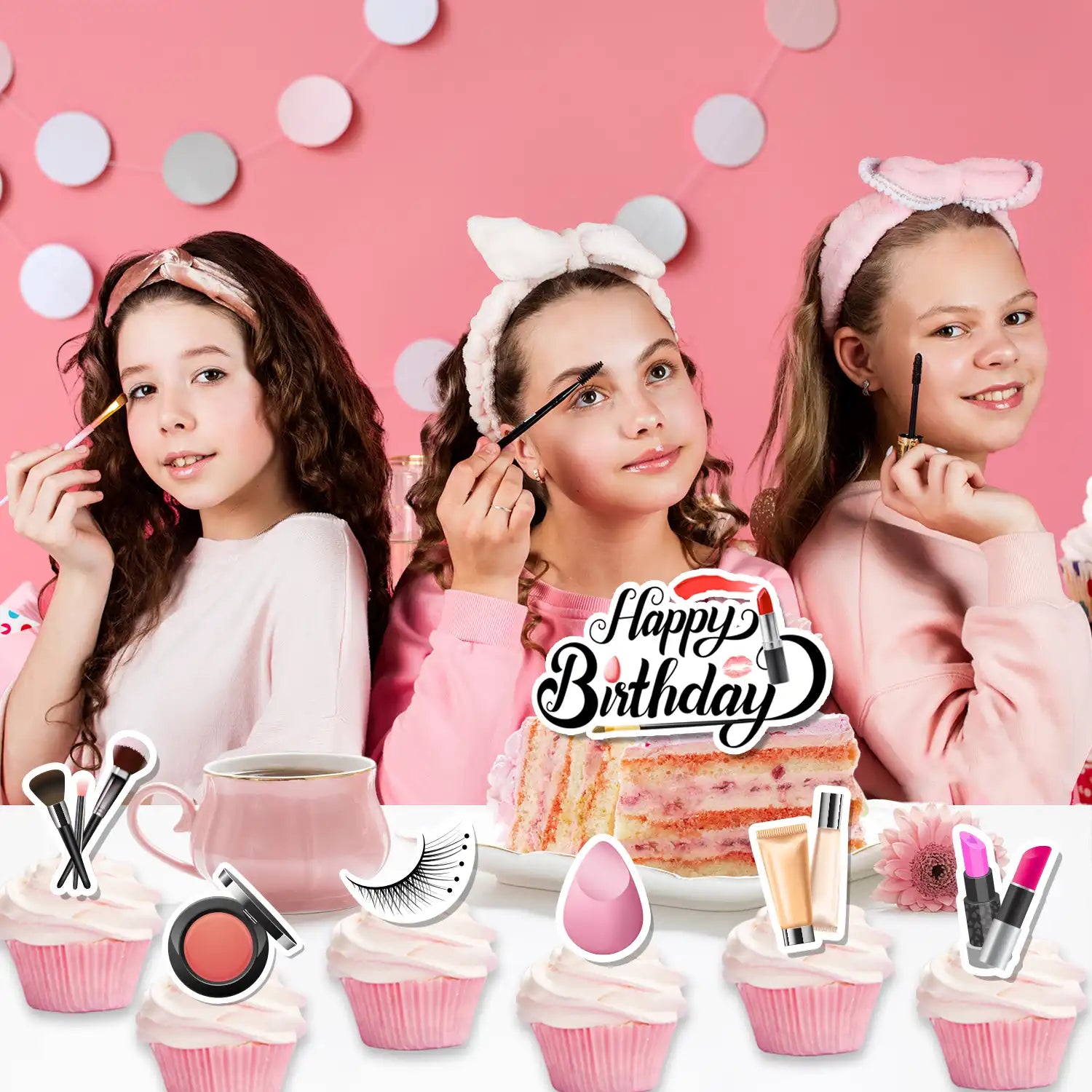 Makeup Cake Decorations, 24 Pcs Makeup Cupcake Toppers/Makeup Party Cupcake Toppers + 1 Pcs Makeup Theme Cake Toppers/Makeup Cake Topper for Makeup Birthday Party Decorations & Spa Party Decorations