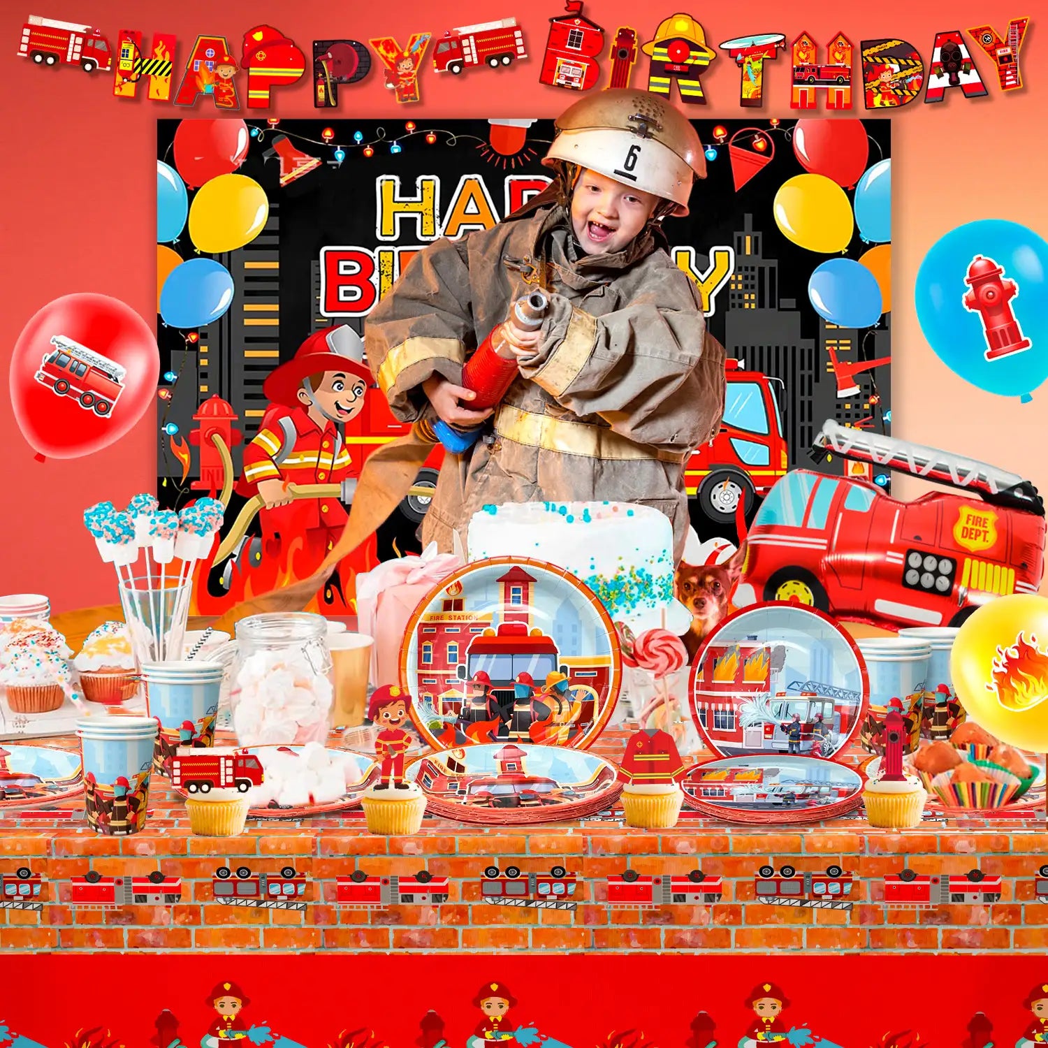 Fire Truck Birthday Party Supplies, 10 Guests Firetruck Birthday Decorations & Tableware Set - Fire Truck Party Plates Cups Napkins & Firefighter Themed Balloon Backdrop etc Fire Truck Party Supplies